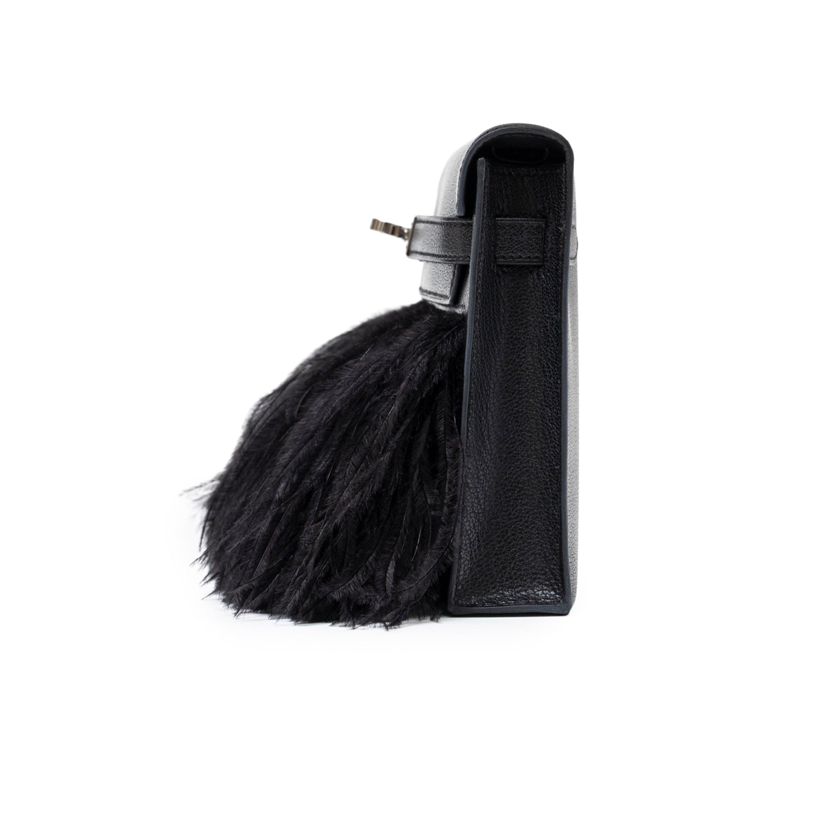 Side profile of Hermès Kelly Elan Black Chevre Chamkila and Ostrich Feather Palladium Hardware handbag