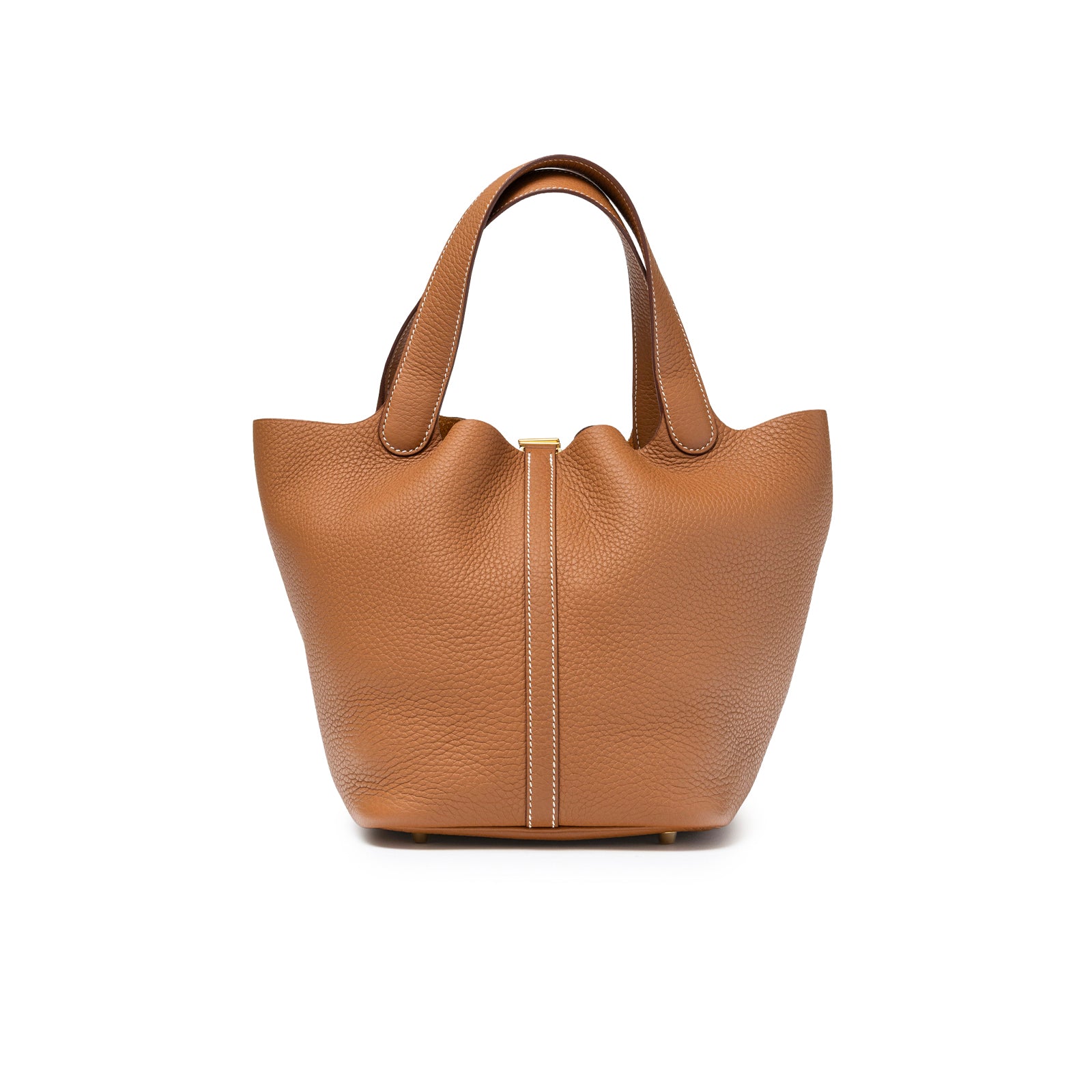 Back view of Hermès Picotin 22 Gold Clemence Gold Hardware tote bag in tan textured leather with gold clasp detail