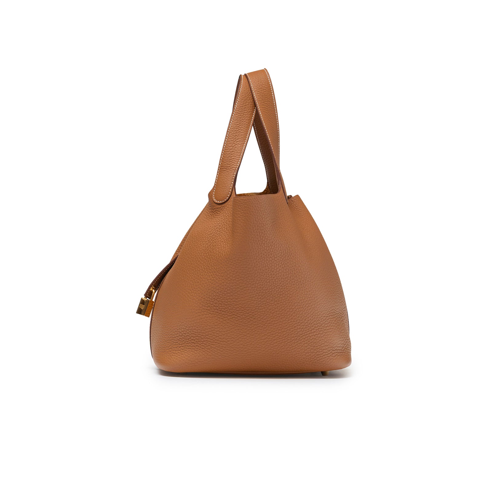 Side view of Hermès Picotin 22 Gold Clemence Gold Hardware showing textured leather and dual handles