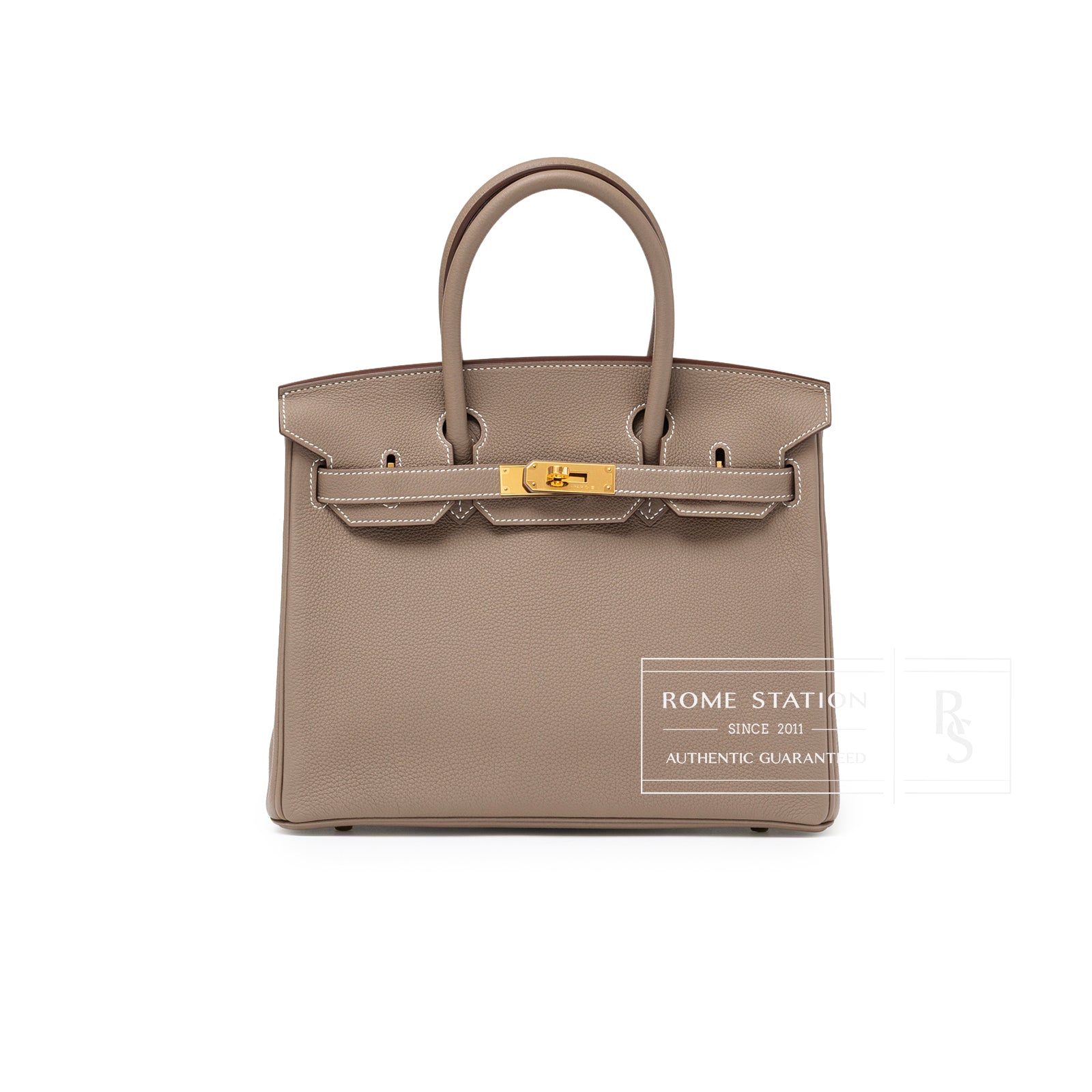 Front view of Hermès Birkin 30 Etoupe Togo Gold Hardware showcasing smooth leather with gold clasp detail