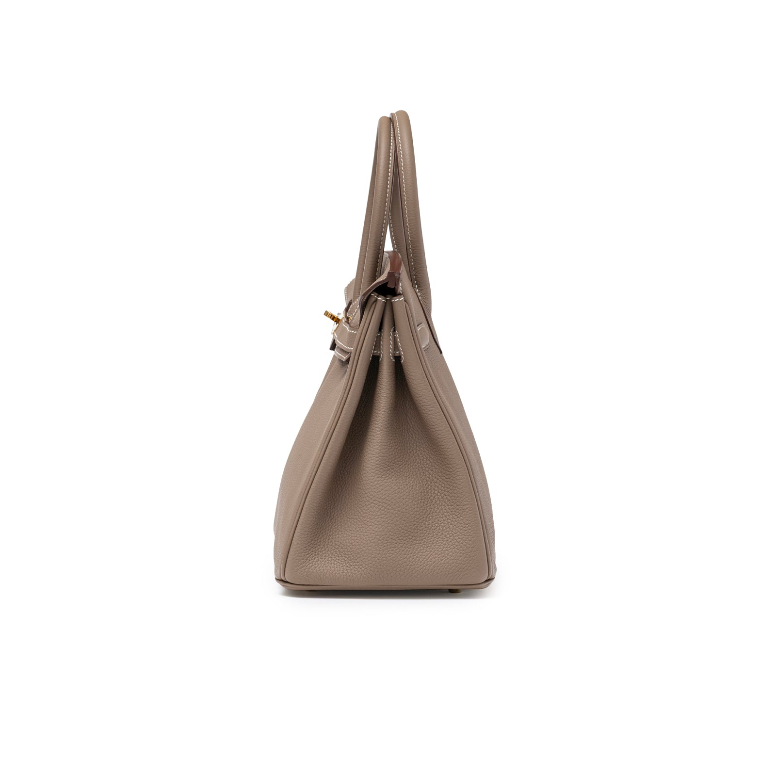 Side profile of Hermès Birkin 30 Etoupe Togo Gold Hardware displaying textured leather and structured silhouette