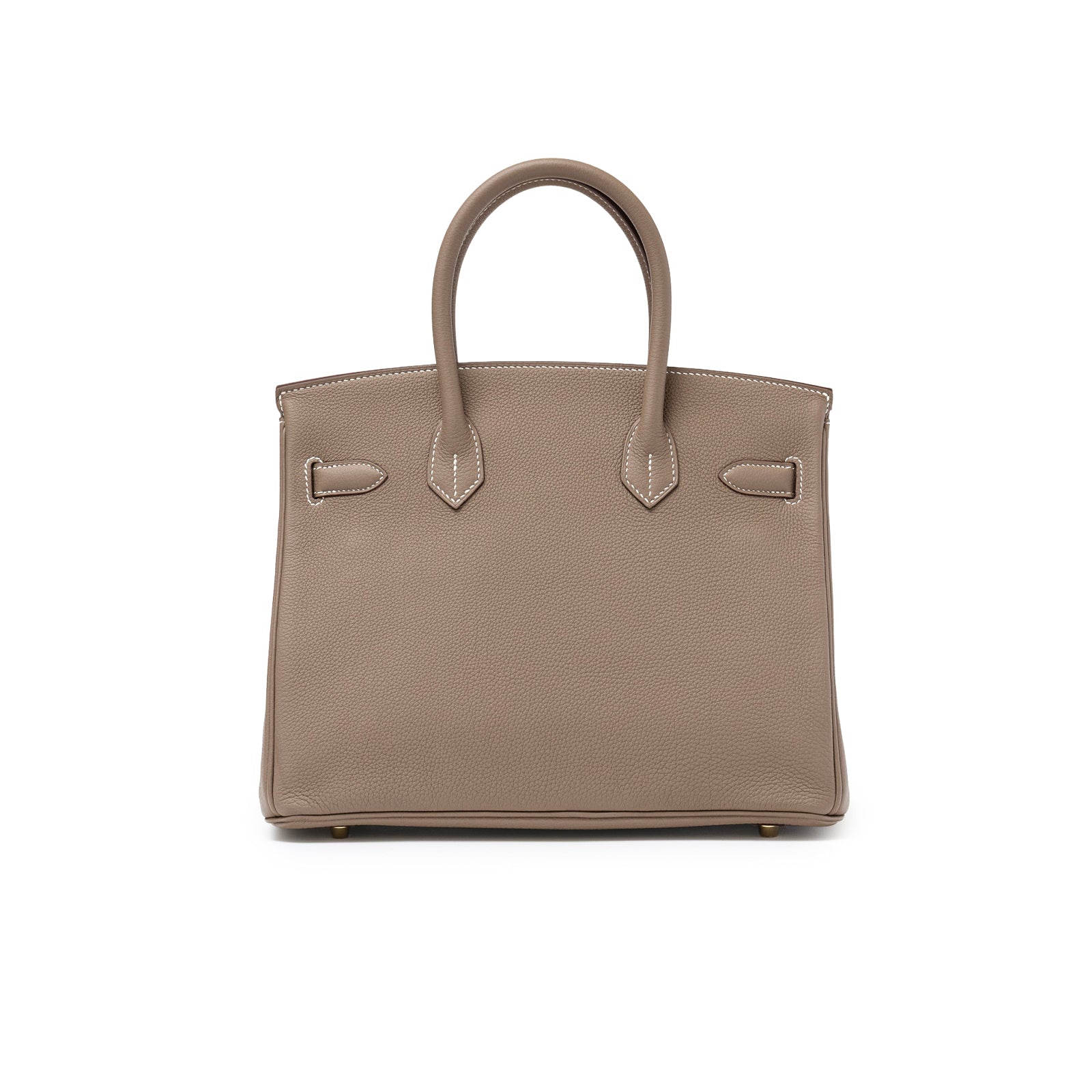 Back view of Hermès Birkin 30 Etoupe Togo Gold Hardware showcasing smooth leather and structured handles.