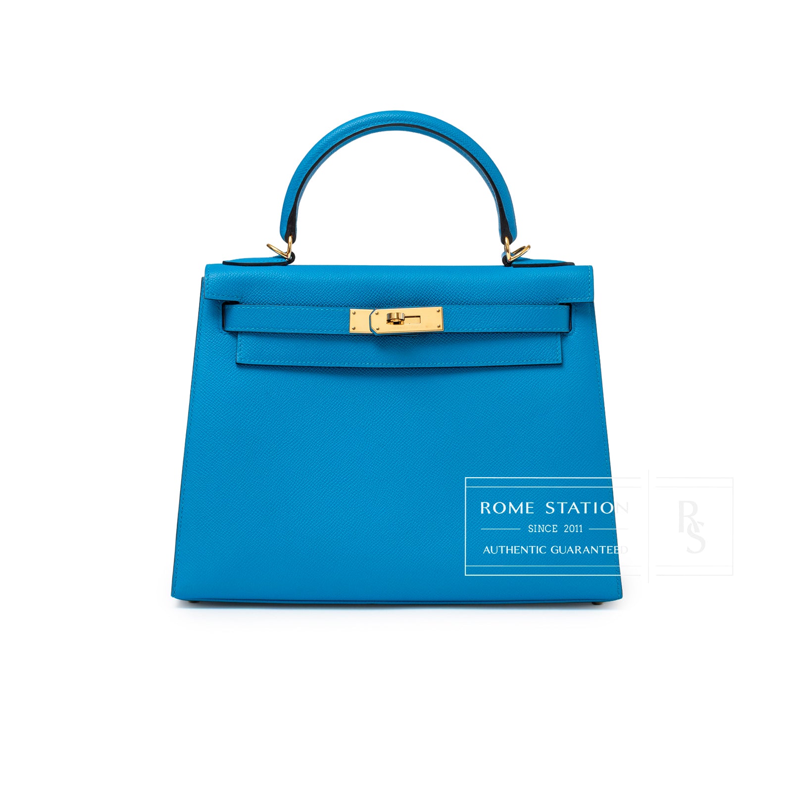 Front view of Hermès Kelly Sellier 28 Blue Zanzibar Epsom Gold Hardware with top handle and gold clasp