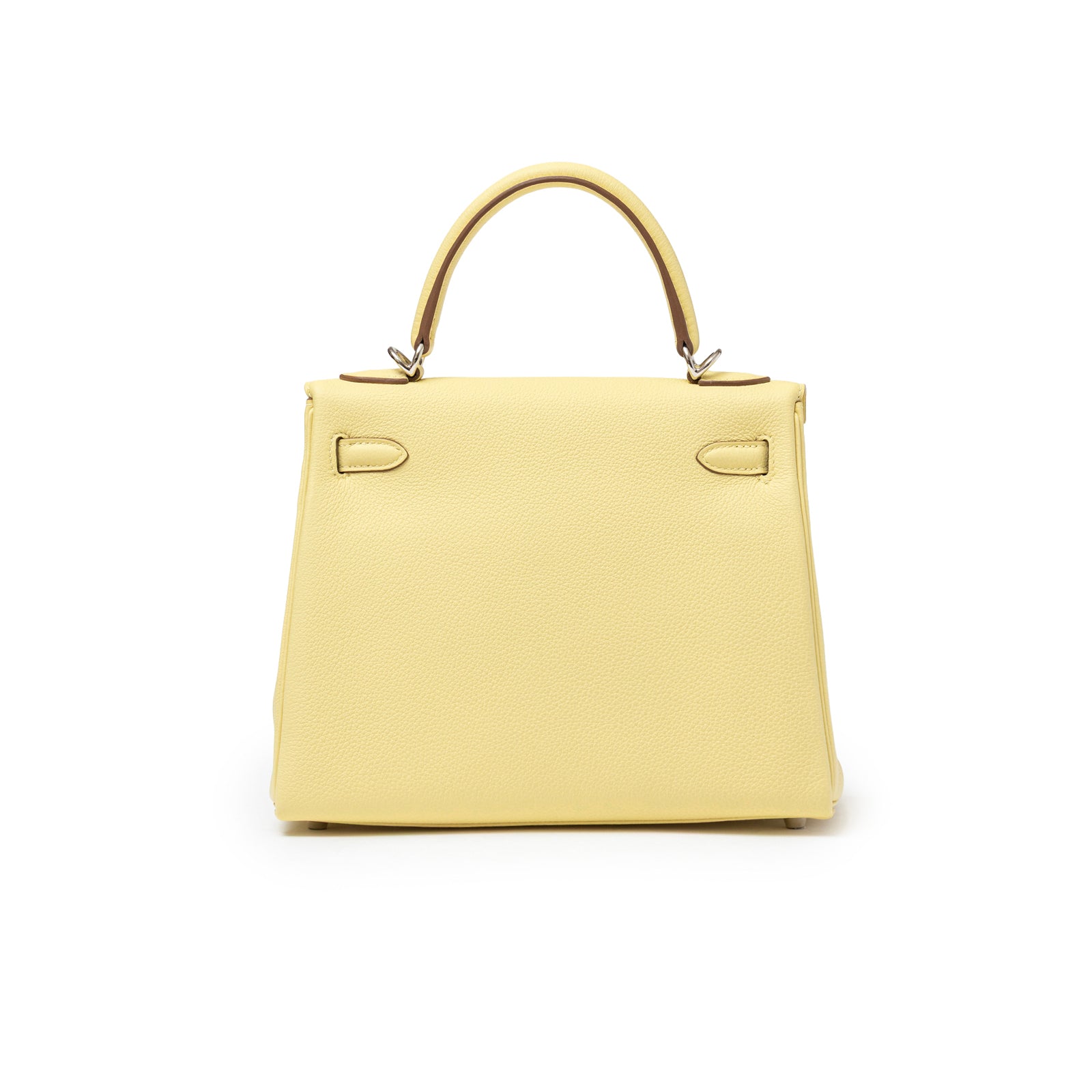 Back view of Hermès Kelly 25 Retourne Togo Jaune Poussin Palladium Hardware showing smooth leather and handle design