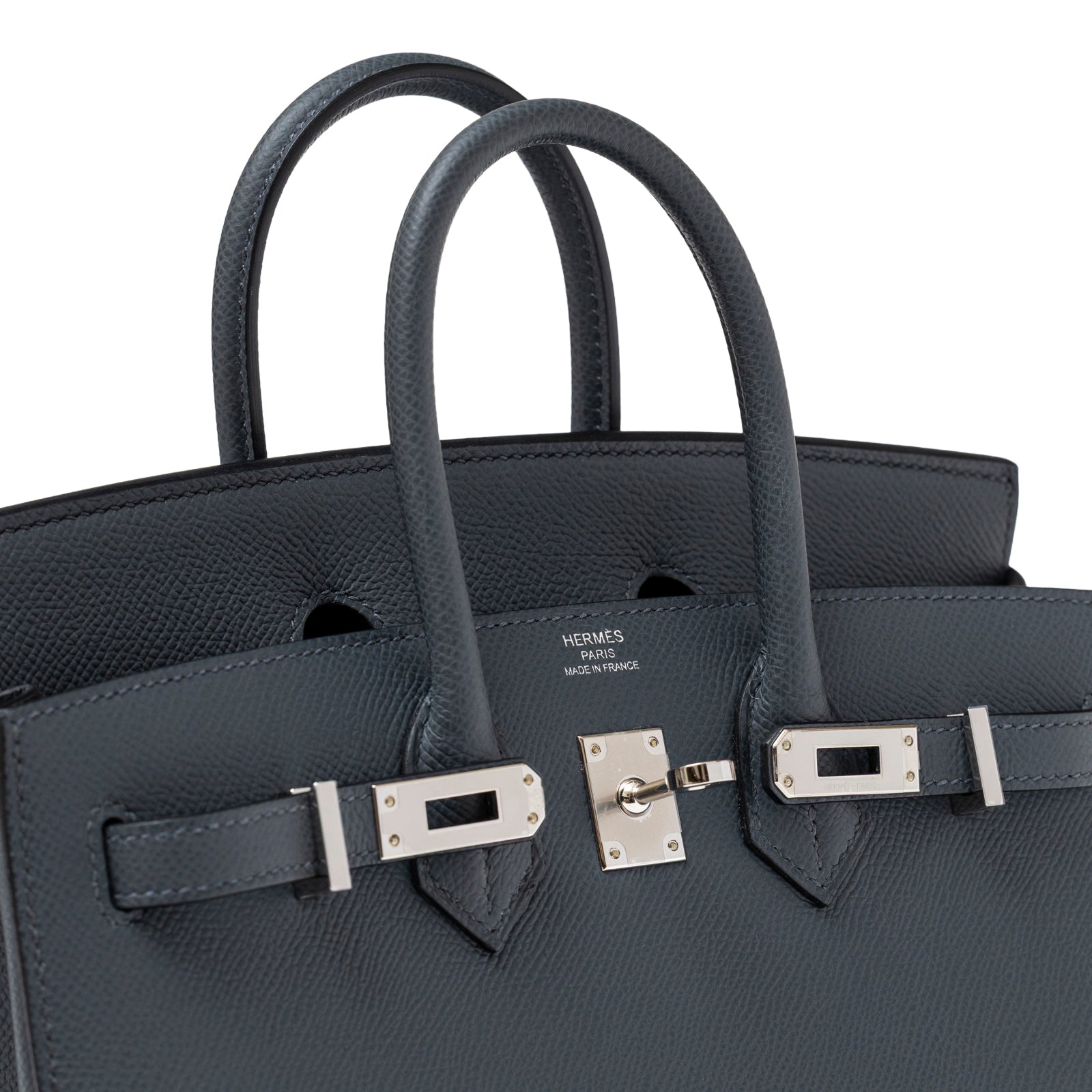 Close-up front view of Hermès Birkin Sellier 25 Gris Misty Epsom Palladium Hardware showing handles and clasp detail