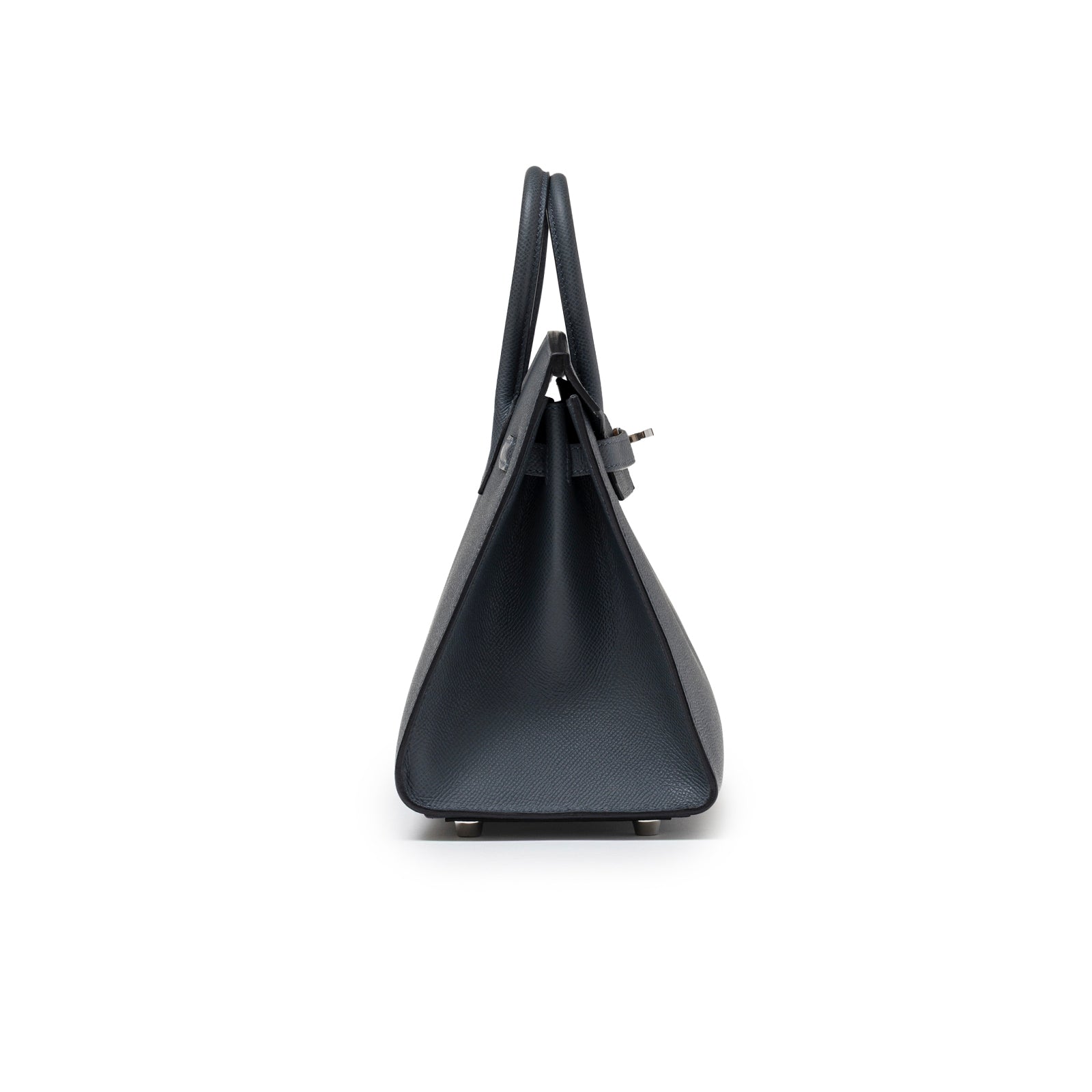 Side view of Hermès Birkin Sellier 25 Gris Misty Epsom Palladium Hardware showing bag depth and slim silhouette