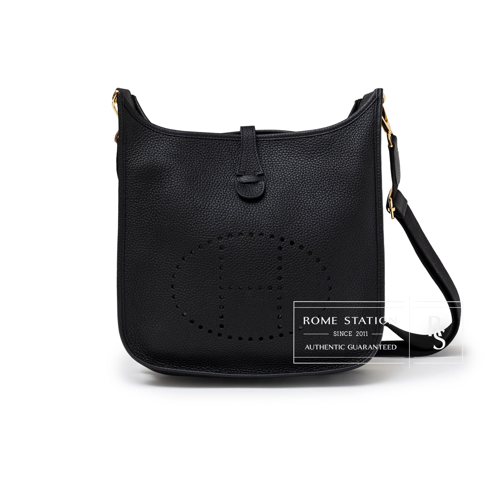 Front view of Hermès Evelyne PM 29 Black Clemence Gold Hardware featuring perforated H logo and adjustable strap