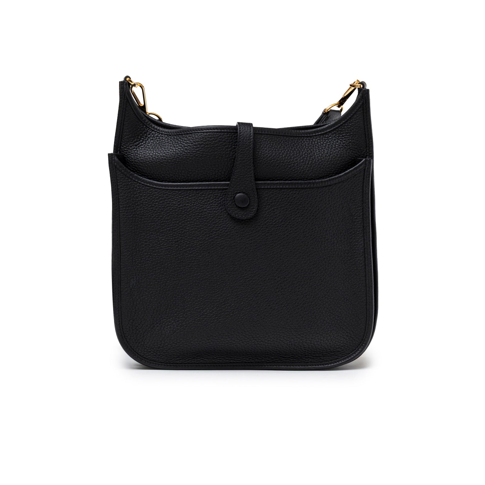 Front view of Hermès Evelyne PM 29 Black Clemence Gold Hardware with exterior pocket and leather tab closure