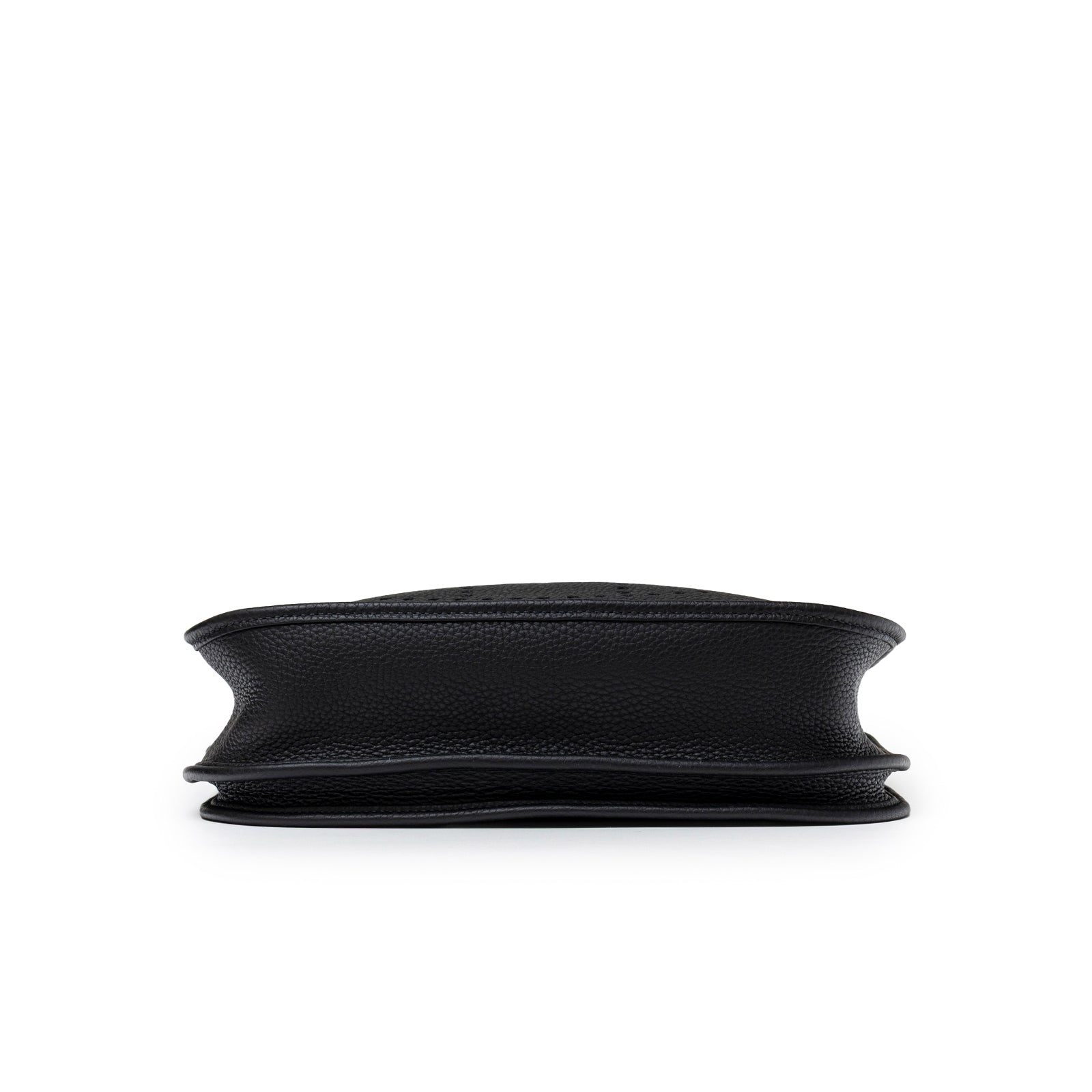 Bottom view of Hermès Evelyne PM 29 Black Clemence Gold Hardware showing leather texture and structure