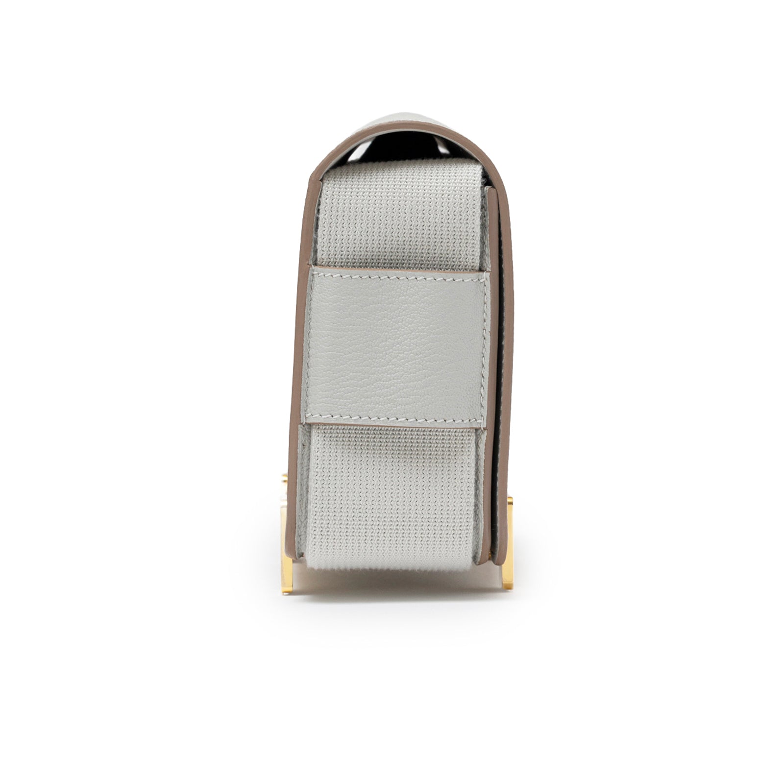 Front view of Hermès Geta Gris Perle Chevre Mysore Gold Hardware showing strap and sleek leather sides
