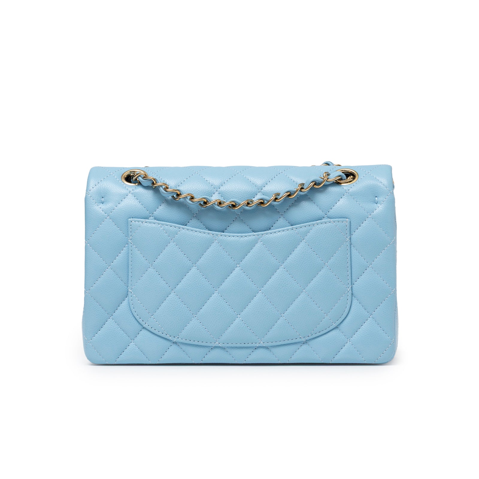 Back view of Chanel Small Classic Flap Bag Blue Caviar Light Gold Hardware with exterior slip pocket and chain strap