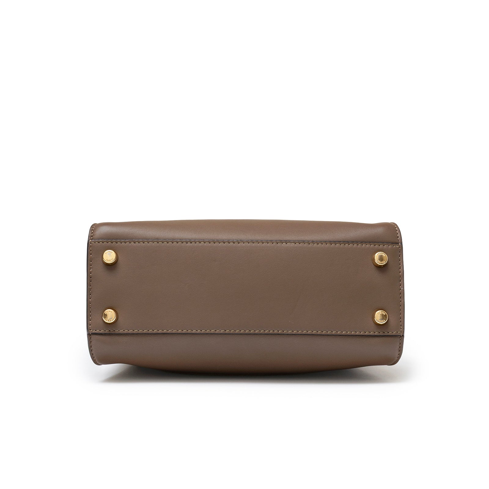 Bottom view of Fendi Peekaboo ISeeU Small Tricolour Etoupe Beige Rose Calfskin Gold Hardware showing feet and leather base