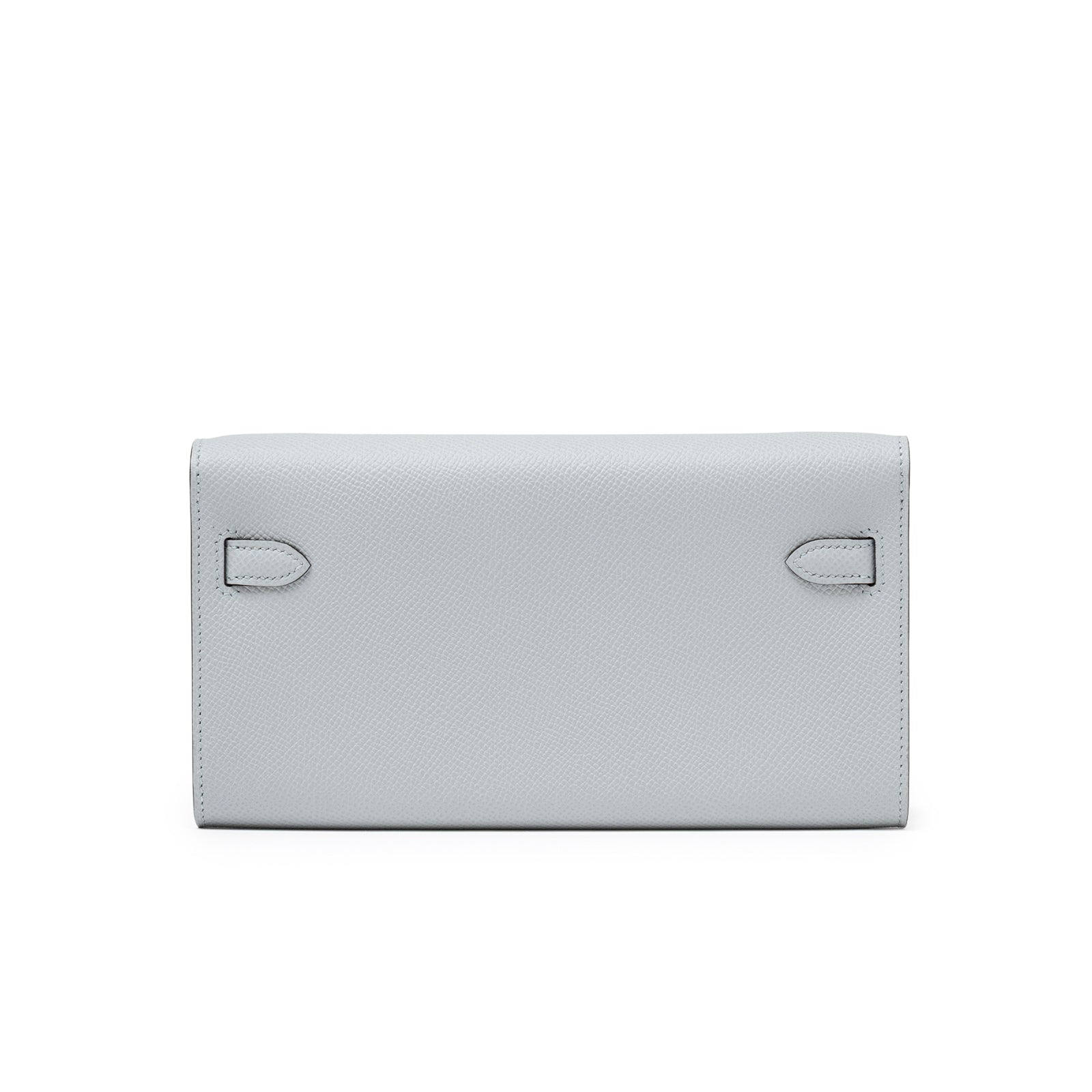 Back view of Hermès Kelly To Go Wallet Blue Glacier Epsom Palladium Hardware showing smooth leather texture and stitching details