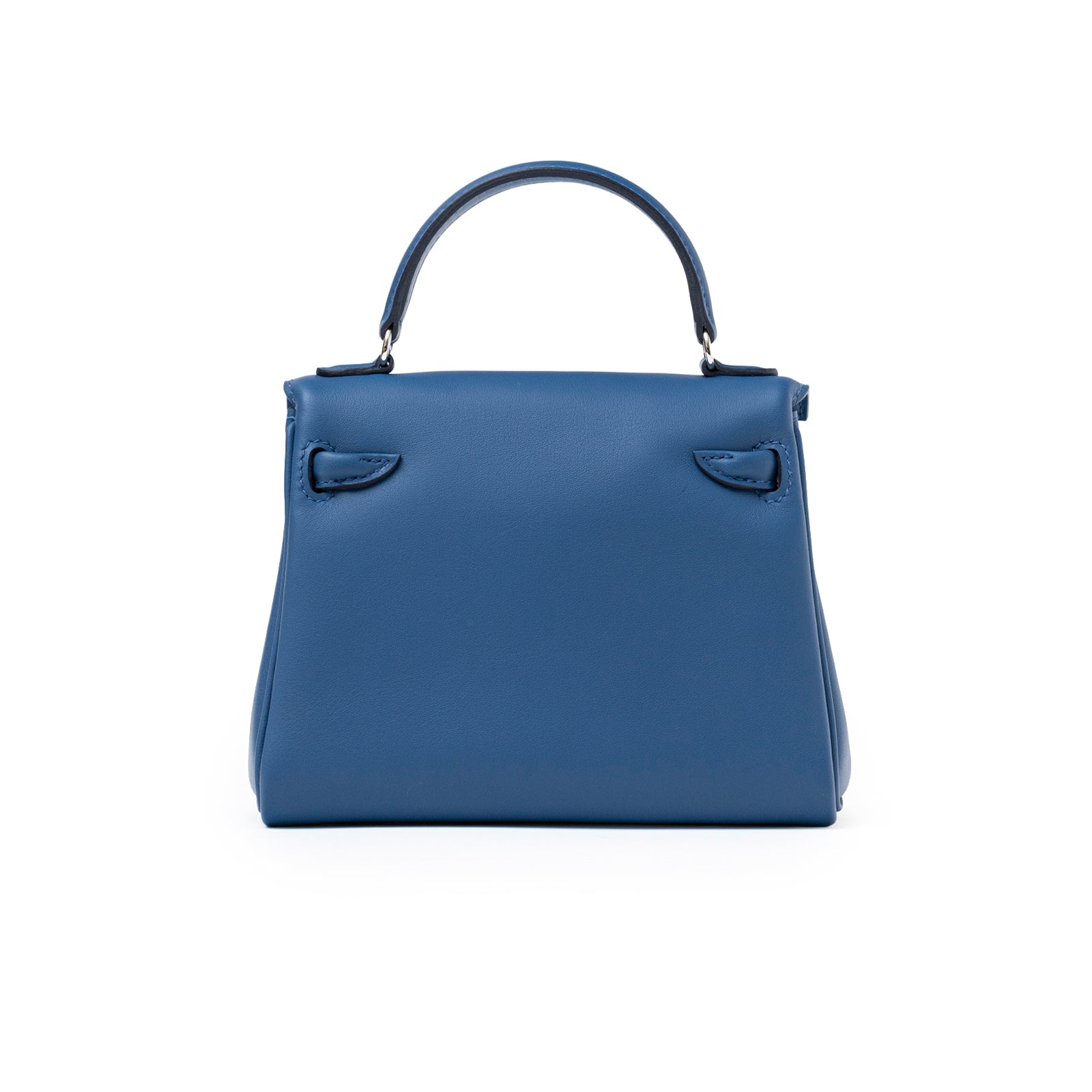 Back view of Hermès Quelle Idolle Kelly Doll Bleu Tie and Caban Swift Palladium Hardware showing smooth leather surface