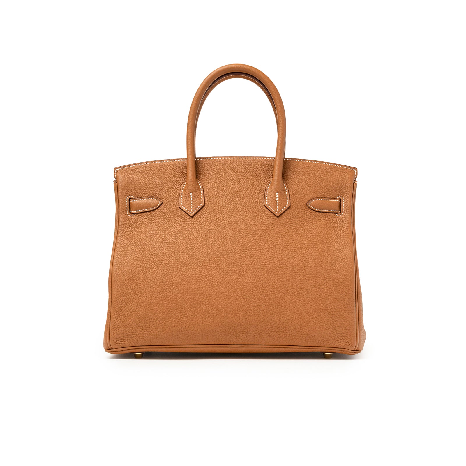 Front view of Hermès Birkin 30 Gold Togo Gold Hardware showing pebbled leather texture and top handles