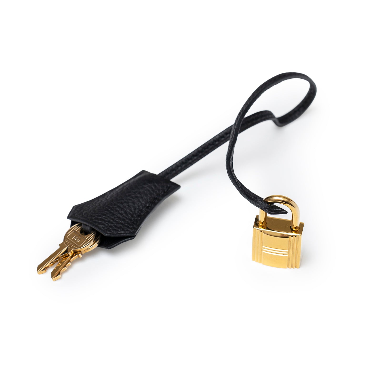 Close-up of gold hardware lock and black leather clochette with keys for Hermès Birkin 35 Black Togo Gold Hardware