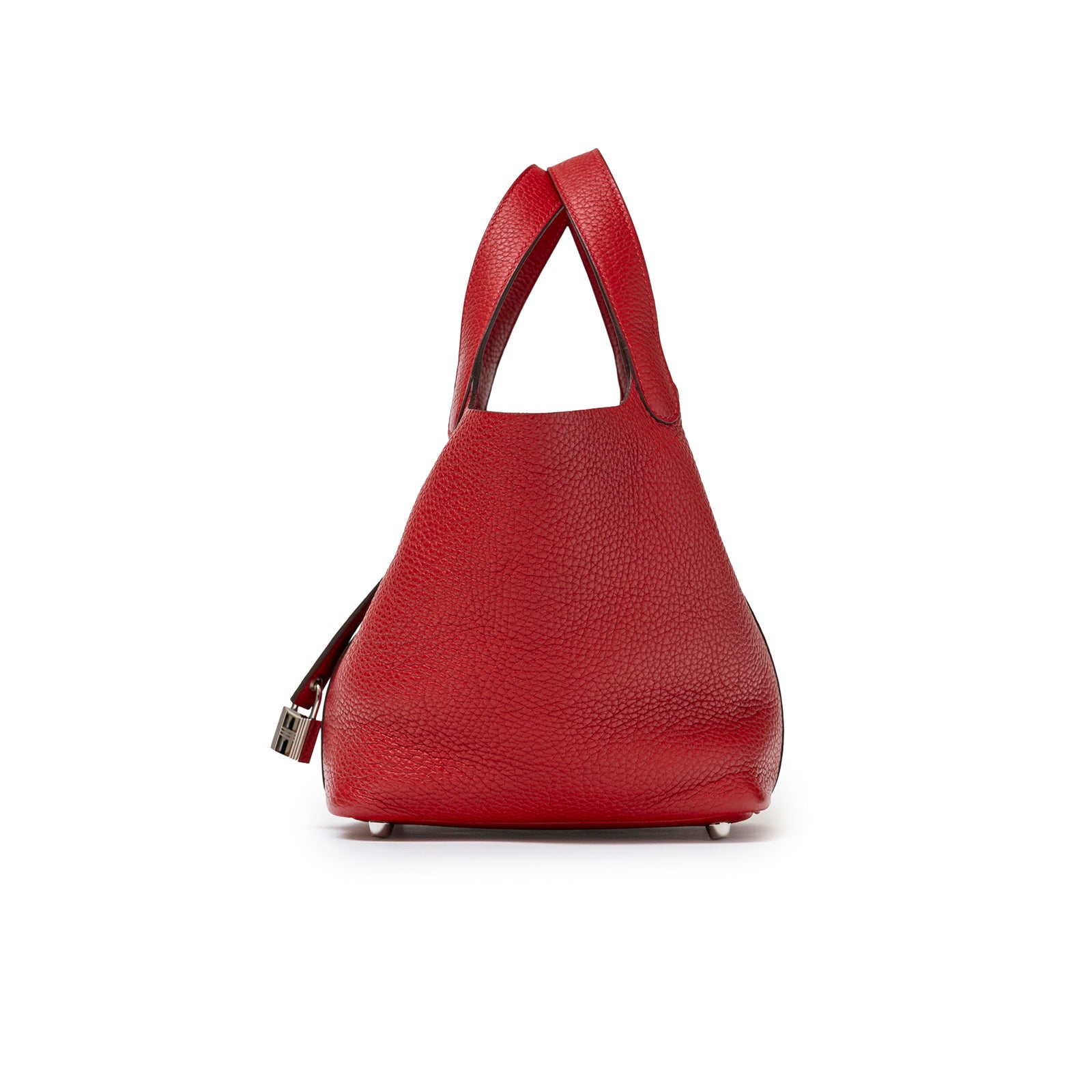 Side view of Hermès Picotin 18 Rouge Casaque Clemence Palladium Hardware showing textured leather and handle details