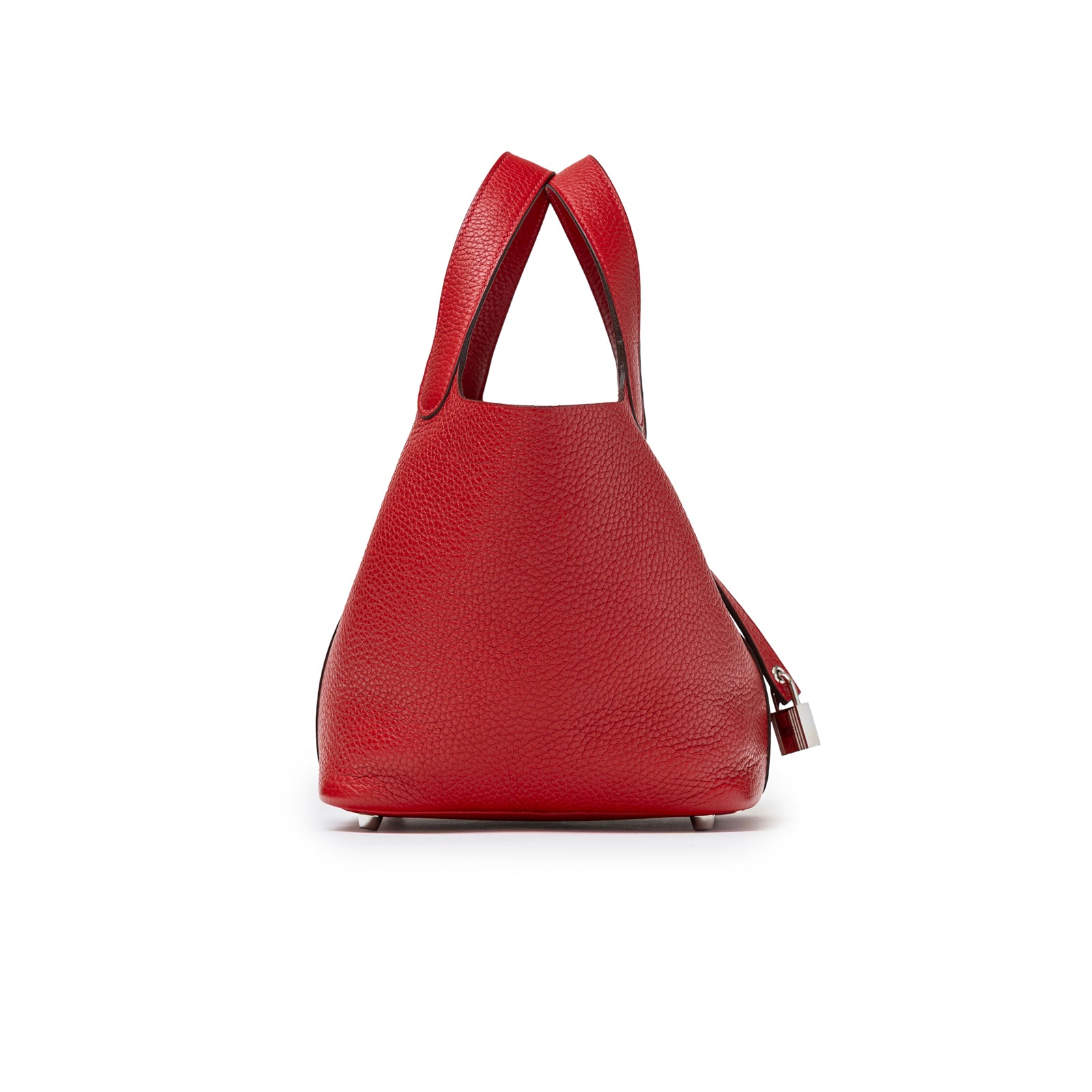 Side view of Hermès Picotin 18 Rouge Casaque Clemence Palladium Hardware showing pebbled leather texture and handle shape