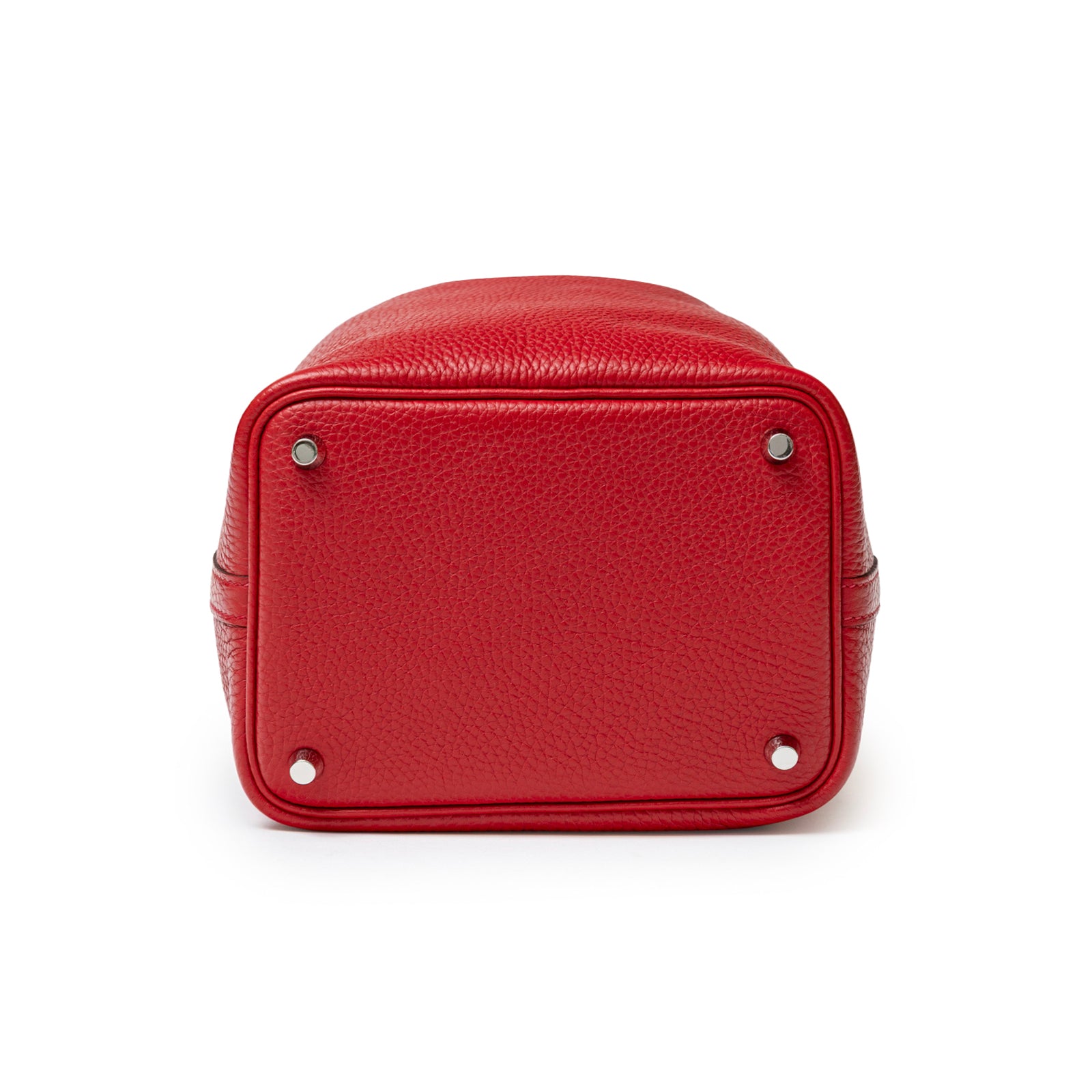 Bottom view of Hermès Picotin 18 Rouge Casaque Clemence Palladium Hardware showing texture and metal feet details
