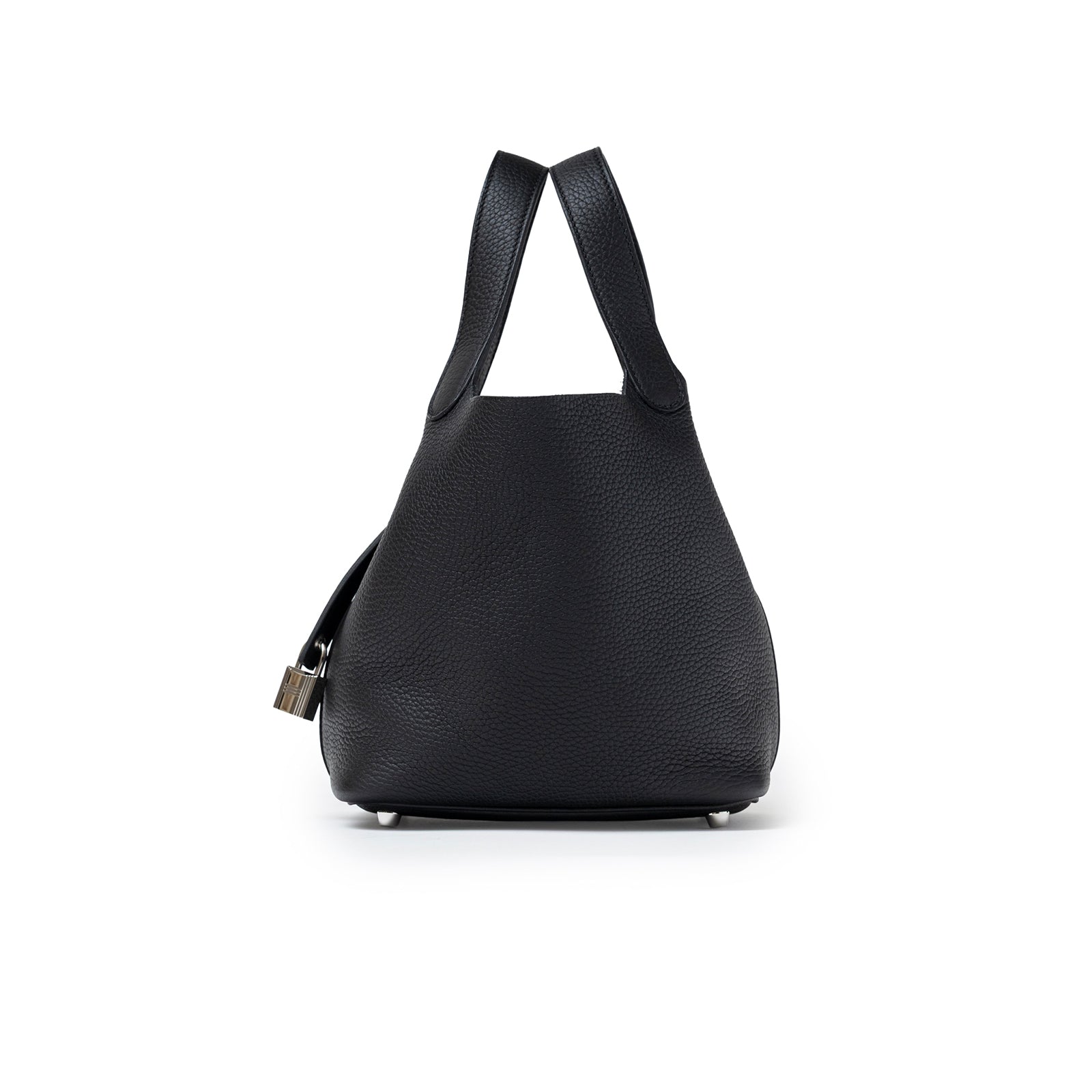 Side view of Hermès Picotin 18 Black Clemence Palladium Hardware showing pebbled leather texture and dual handles