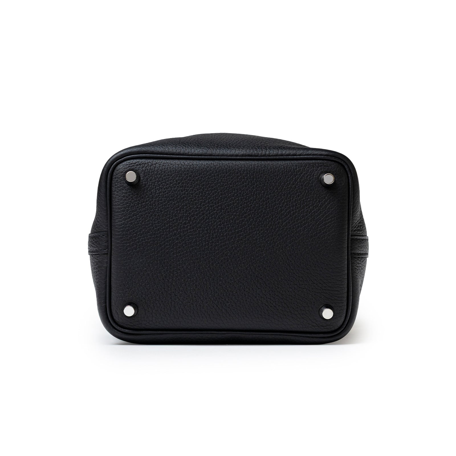 Bottom view of Hermès Picotin 18 Black Clemence Palladium Hardware showing textured leather and metal feet