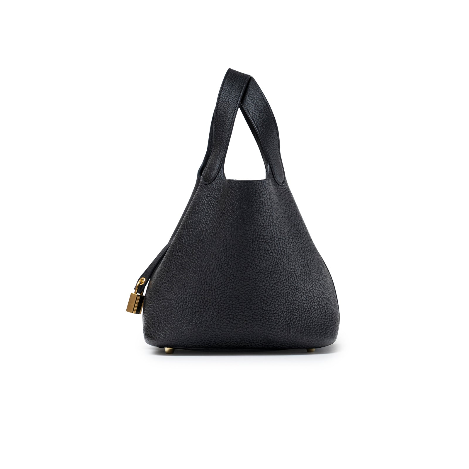 Side view of Hermès Picotin 18 Black Clemence Gold Hardware showing smooth leather and padlock detail