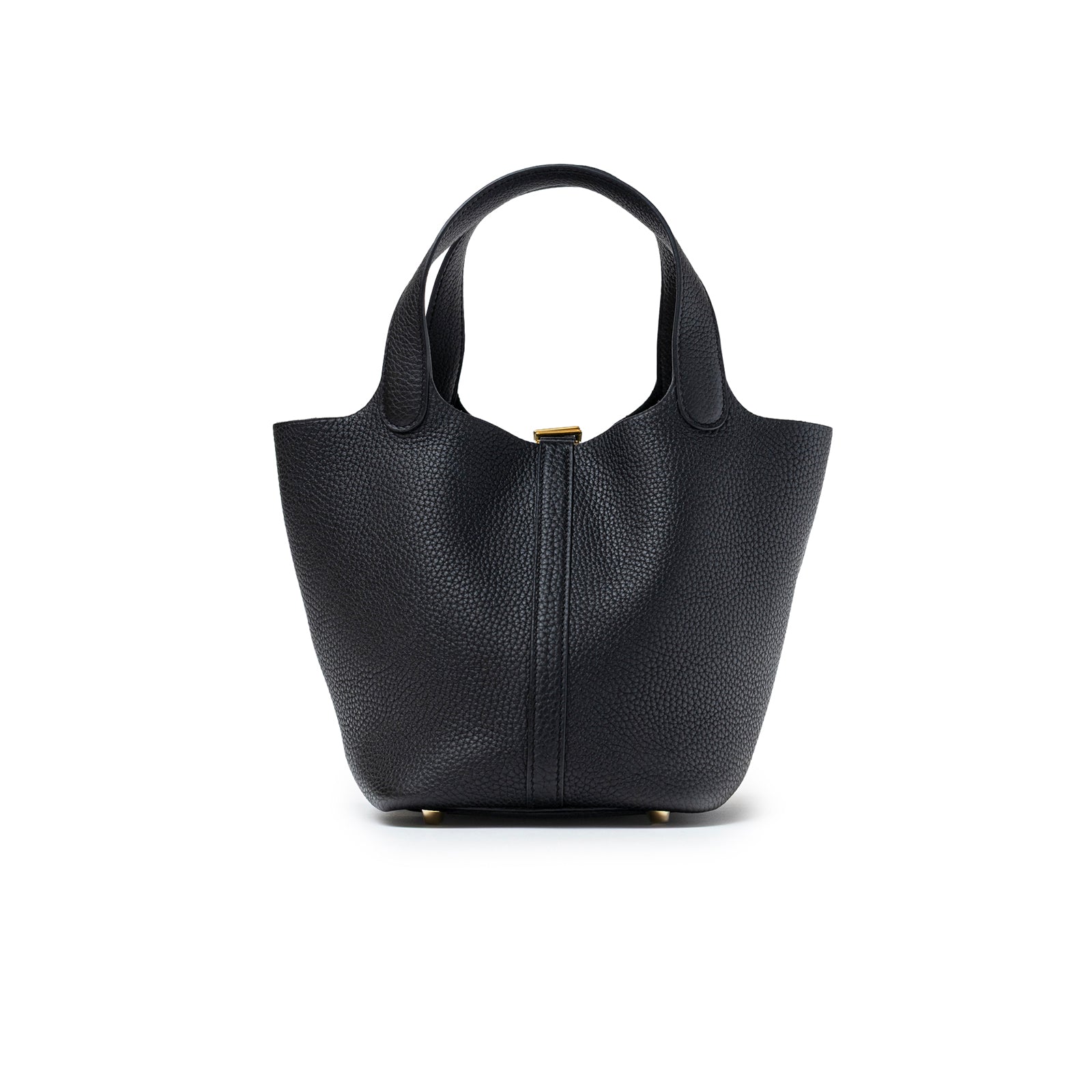 Back view of Hermès Picotin 18 Black Clemence Gold Hardware bag showing pebbled leather texture and handles