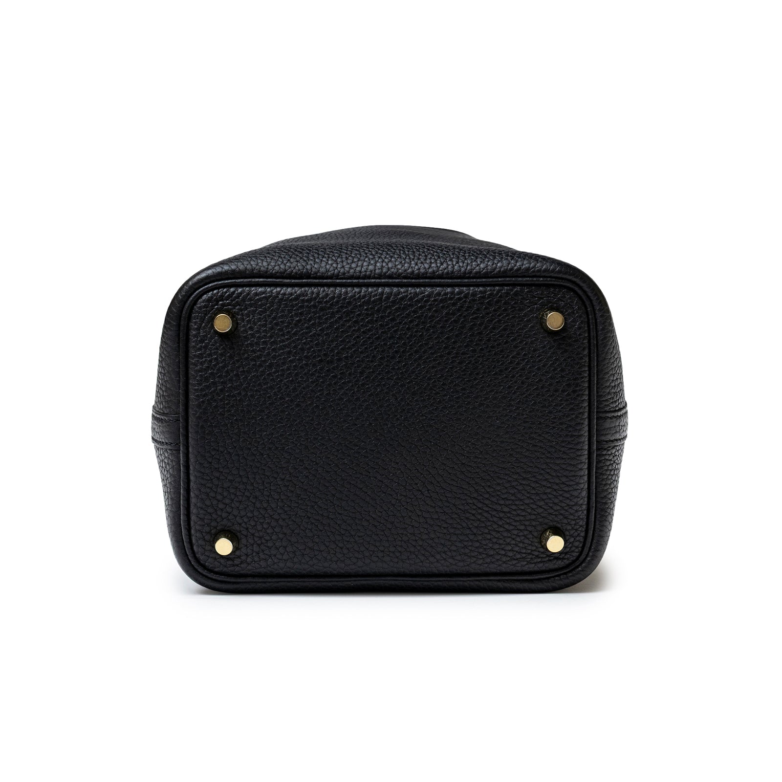 Bottom view of Hermès Picotin 18 Black Clemence Gold Hardware showing textured leather and gold feet details