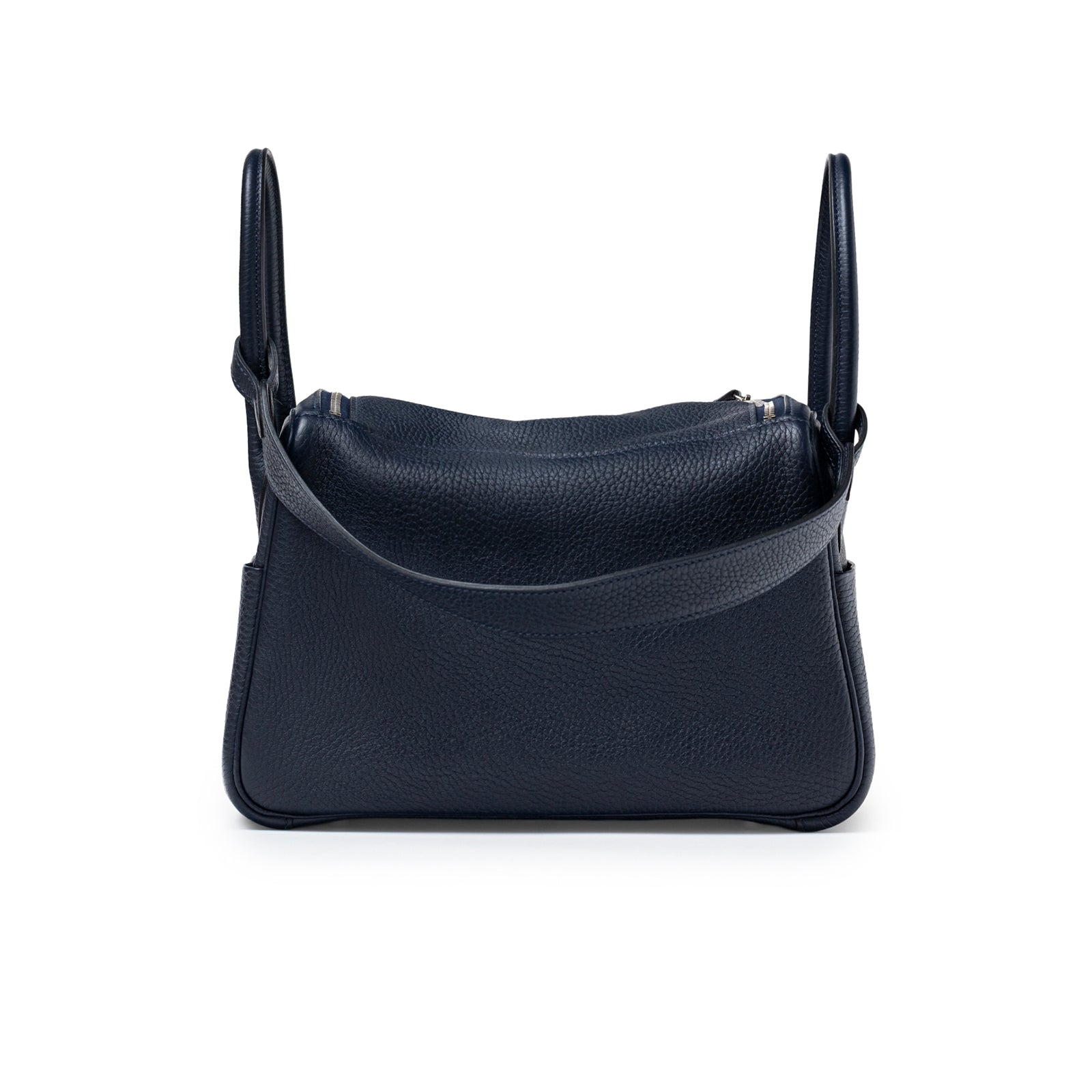 Back view of Hermès Lindy 26 Blue Nuit Clemence Palladium Hardware showing pebbled leather texture and dual handles