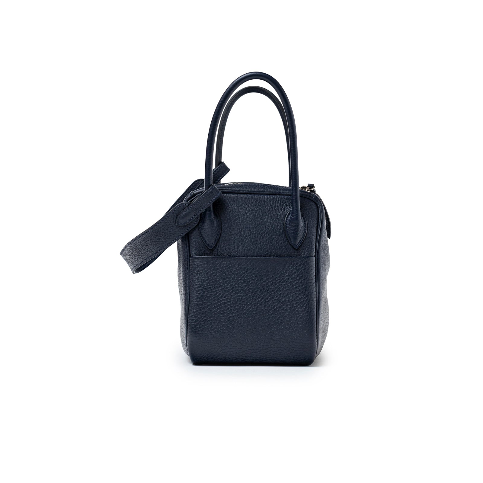 Side profile of Hermès Lindy 26 Blue Nuit Clemence Palladium Hardware showing pebbled leather texture and handles