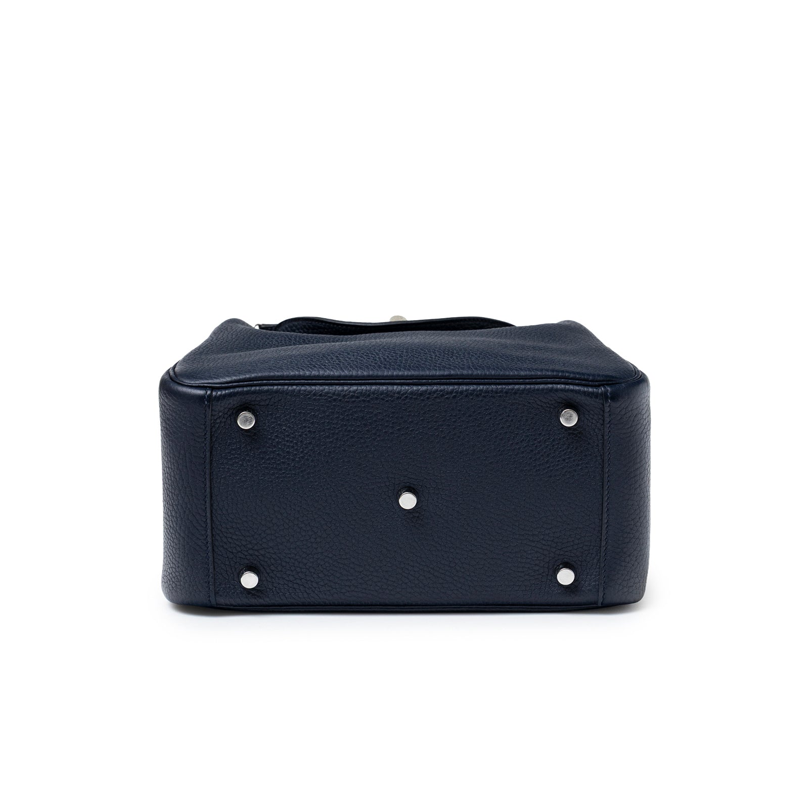 Bottom view of Hermès Lindy 26 Blue Nuit Clemence Palladium Hardware showing base studs and pebbled leather texture