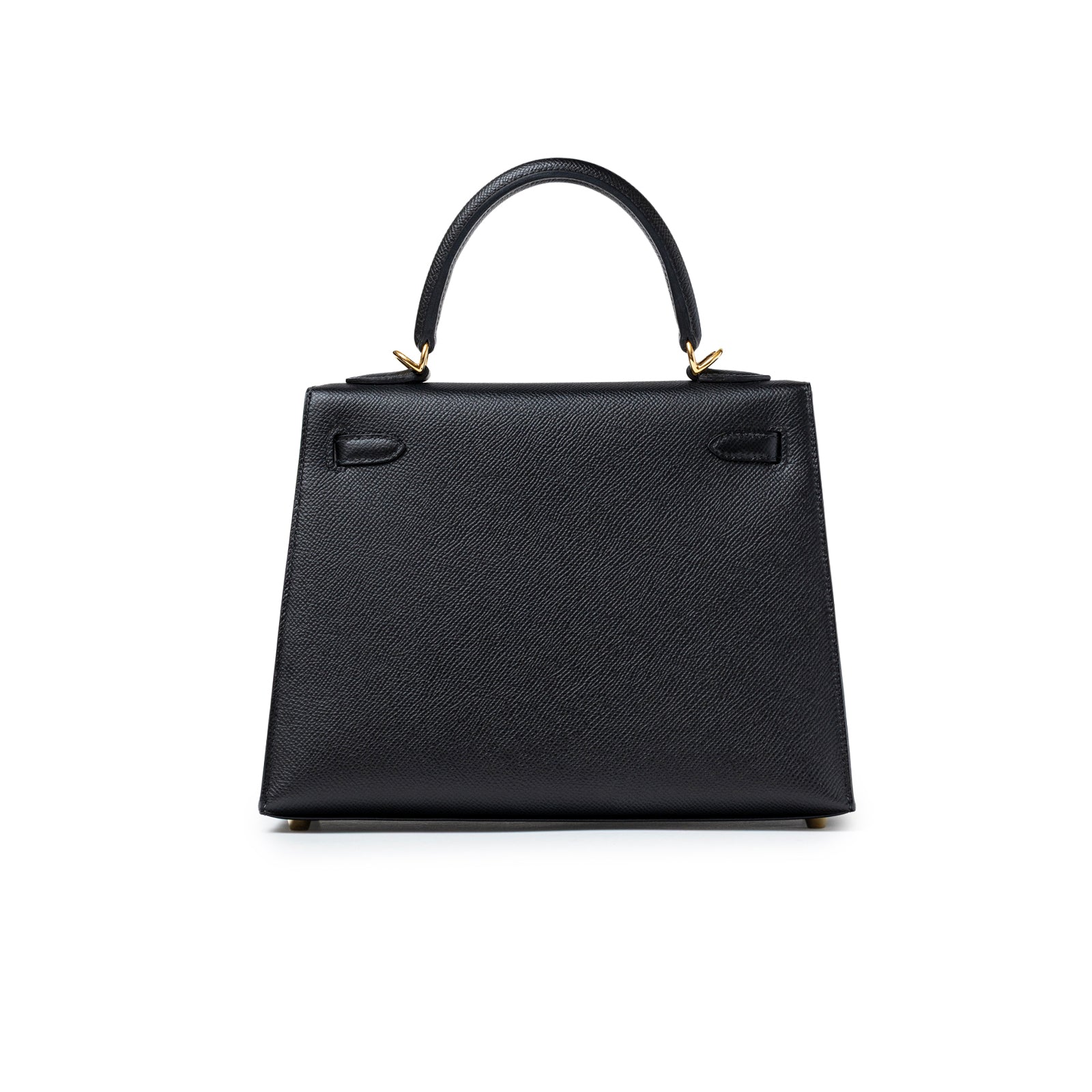 Back view of Hermès Kelly Sellier 25 Black Epsom Gold Hardware showing textured leather and top handle detail