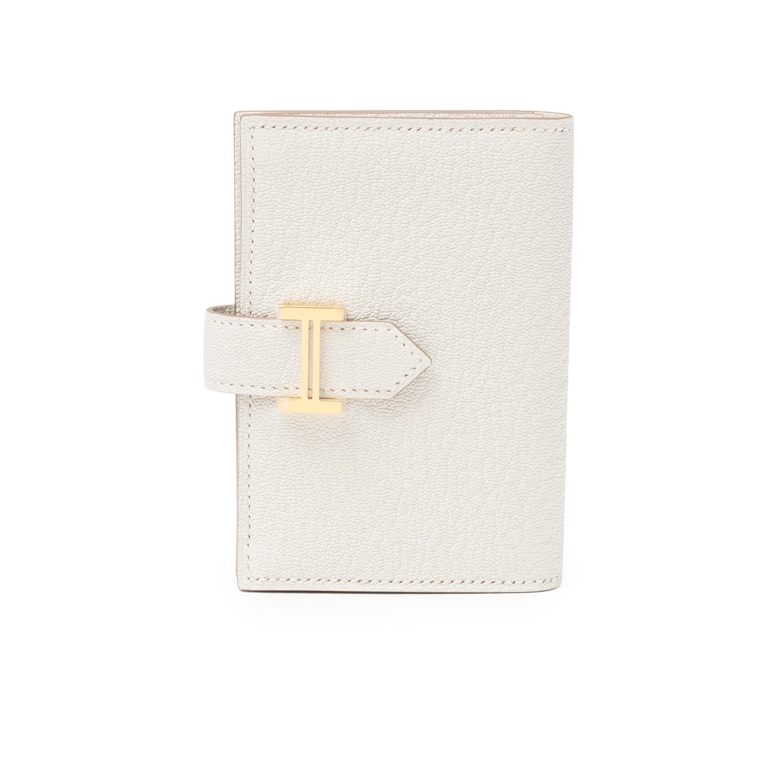 Front view of Hermès Mini Bearn Wallet Beton Chevre Mysore Gold Hardware showing textured leather and clasp detail