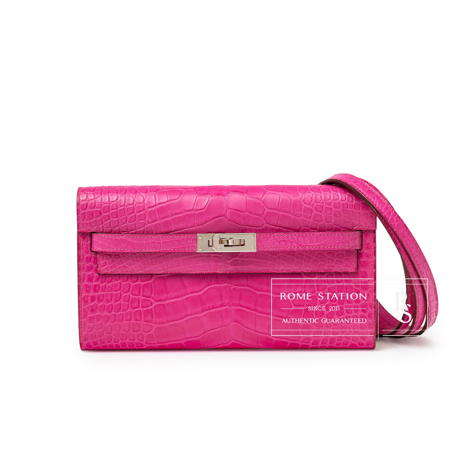 Front view of Hermès Kelly Wallet To Go Rose Shocking Matte Alligator Palladium Hardware with strap displayed