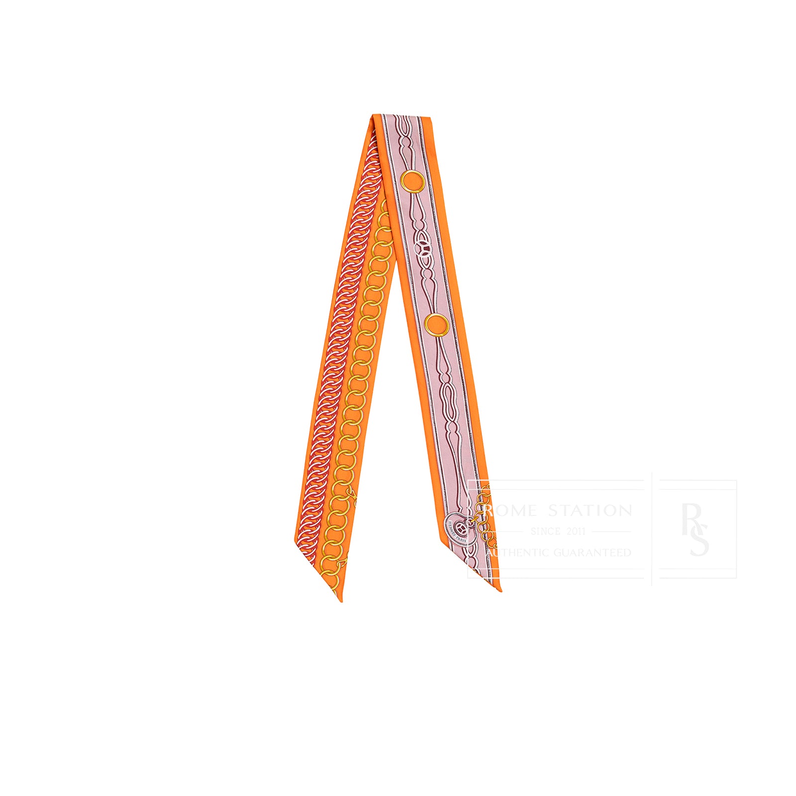 Front view of Hermès Twilly Maillons Orange/Rose/Multi silk scarf showing chain link pattern and vibrant colors