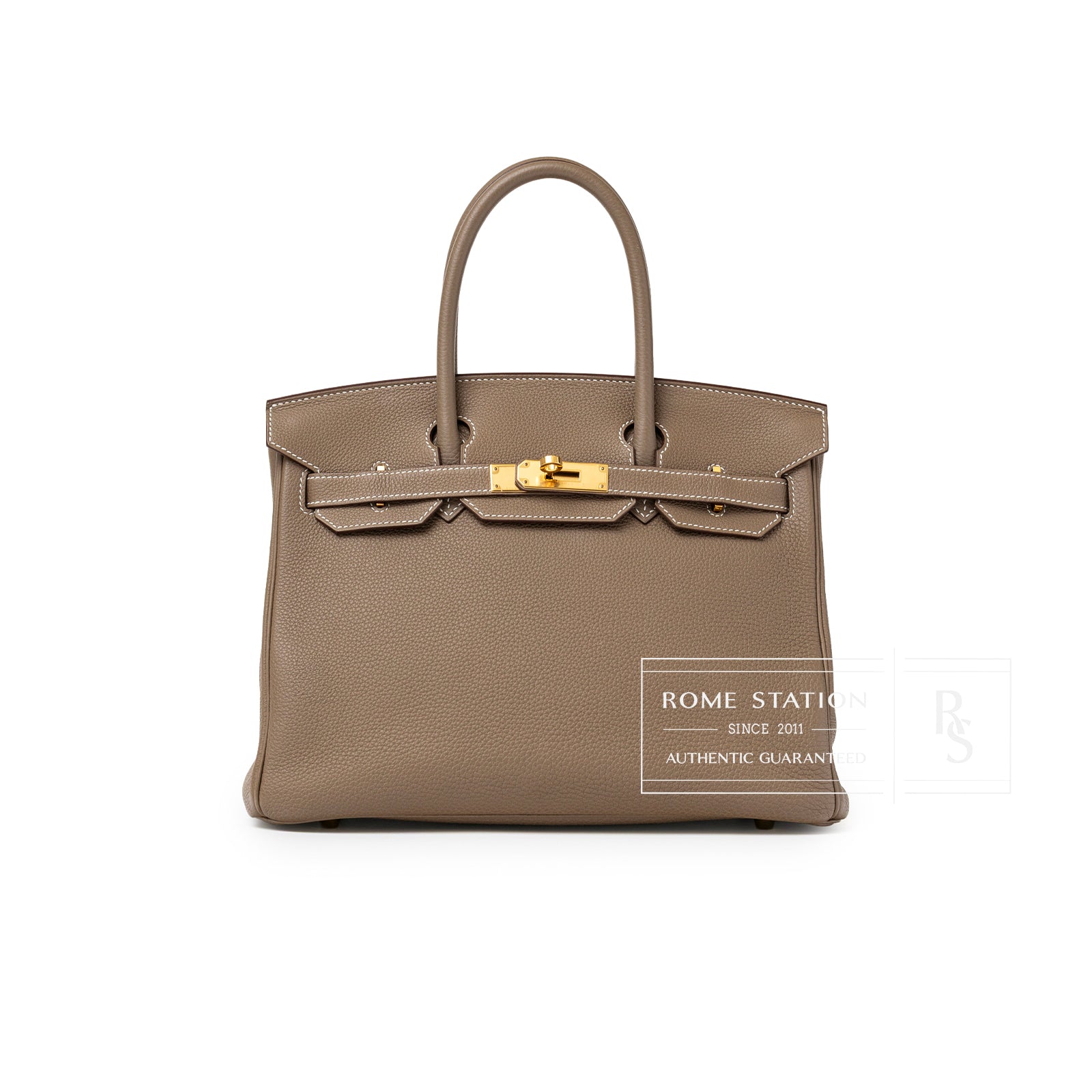 Front view of Hermès Birkin 30 Etoupe Togo Gold Hardware with smooth leather and gold clasp detail