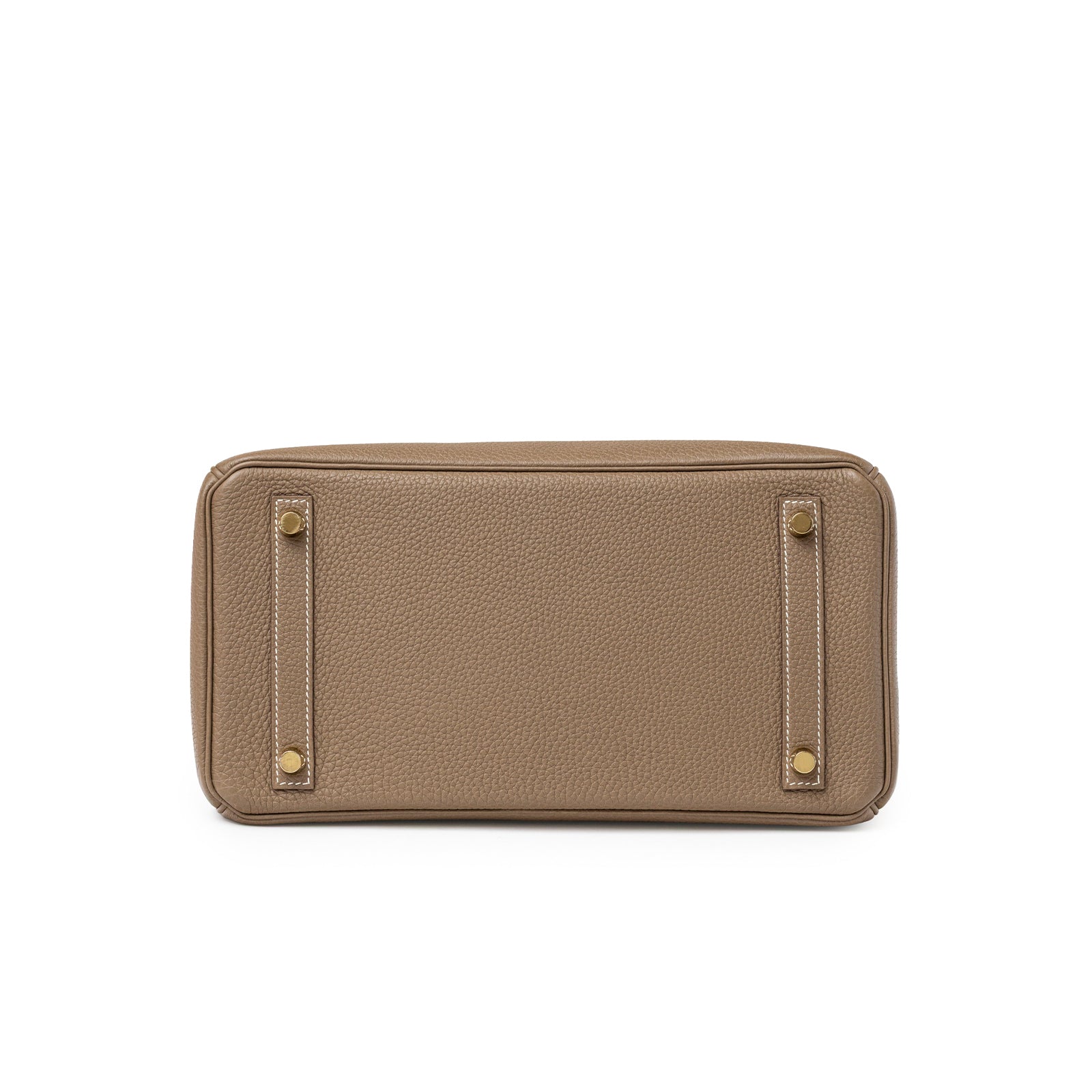 Bottom view of Hermès Birkin 30 Etoupe Togo Gold Hardware showing pebbled leather and gold studs