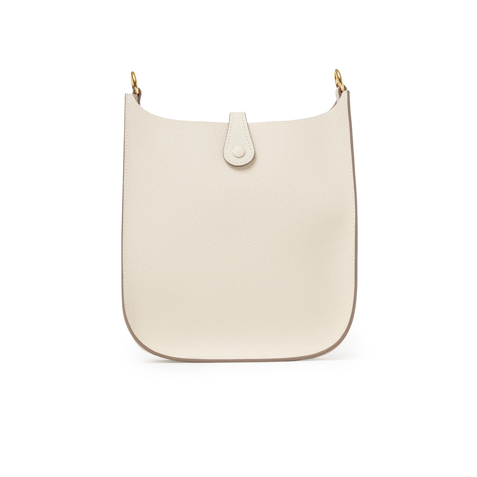 Back view of Hermès Mini Evelyne Sellier Craie Epsom Gold Hardware with textured leather and button closure