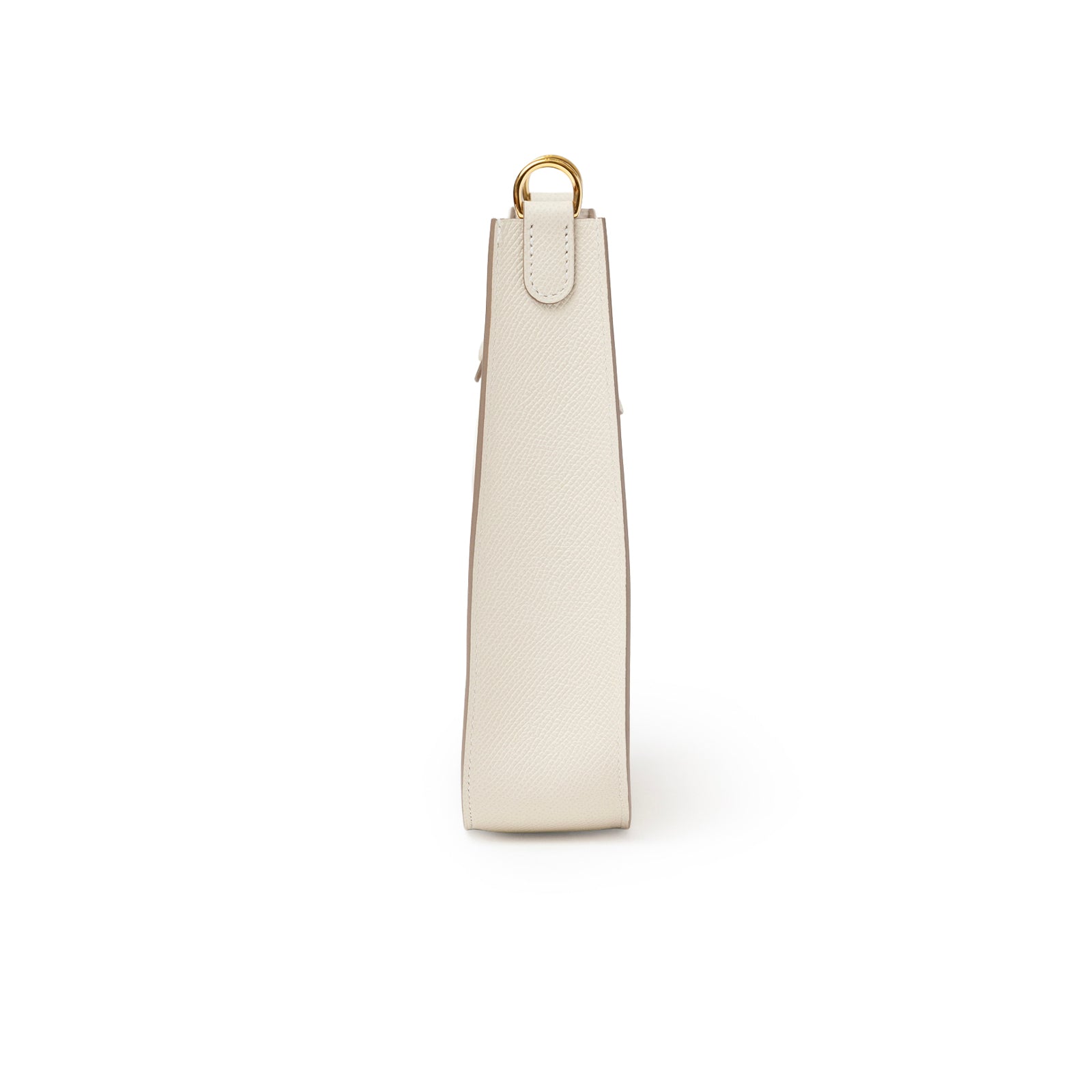 Side view of Hermès Mini Evelyne Sellier Craie Epsom Gold Hardware showing slim profile and gold ring detail