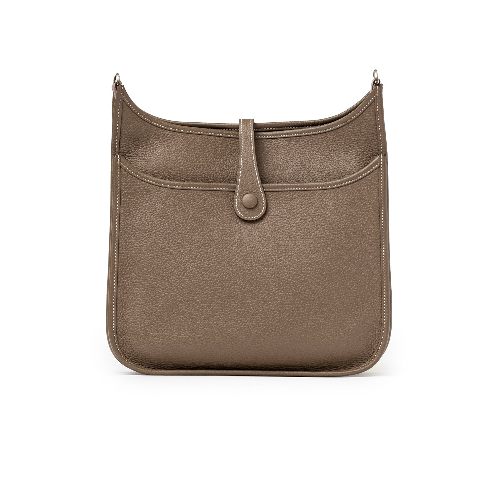 Front view of Hermès Evelyne PM 29 Etoupe Clemence Palladium Hardware showing front pocket and leather texture