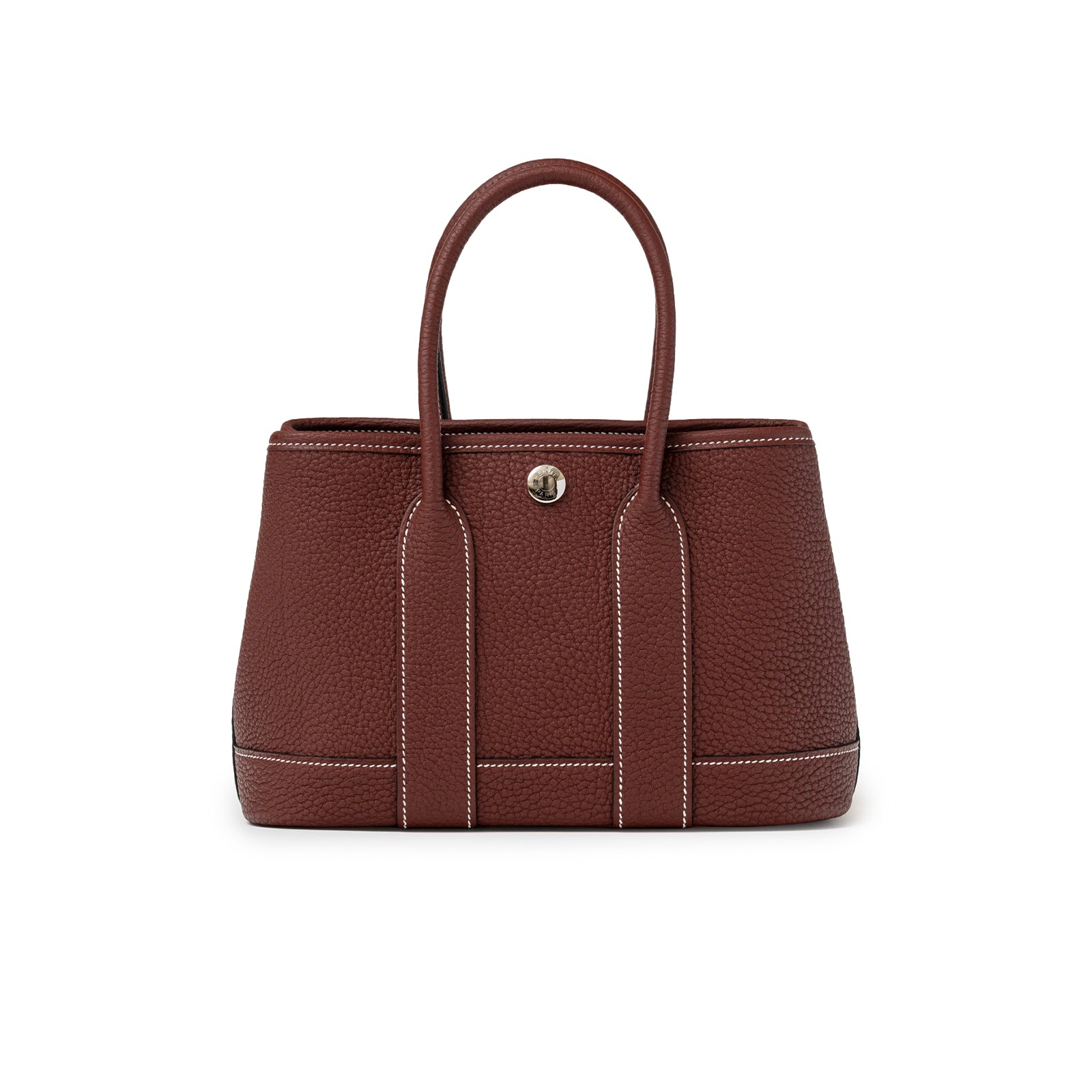 Back view of Hermès Mini Garden Party Neo 23 Rouge H Negonda Palladium Hardware with pebbled leather and white stitching