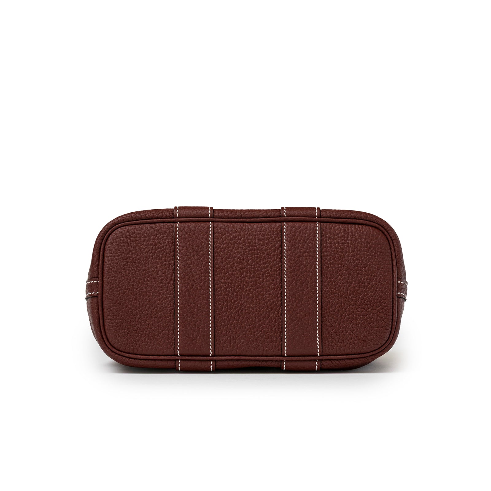 Bottom view of Hermès Mini Garden Party Neo 23 Rouge H Negonda Palladium Hardware showing textured leather and stitching details