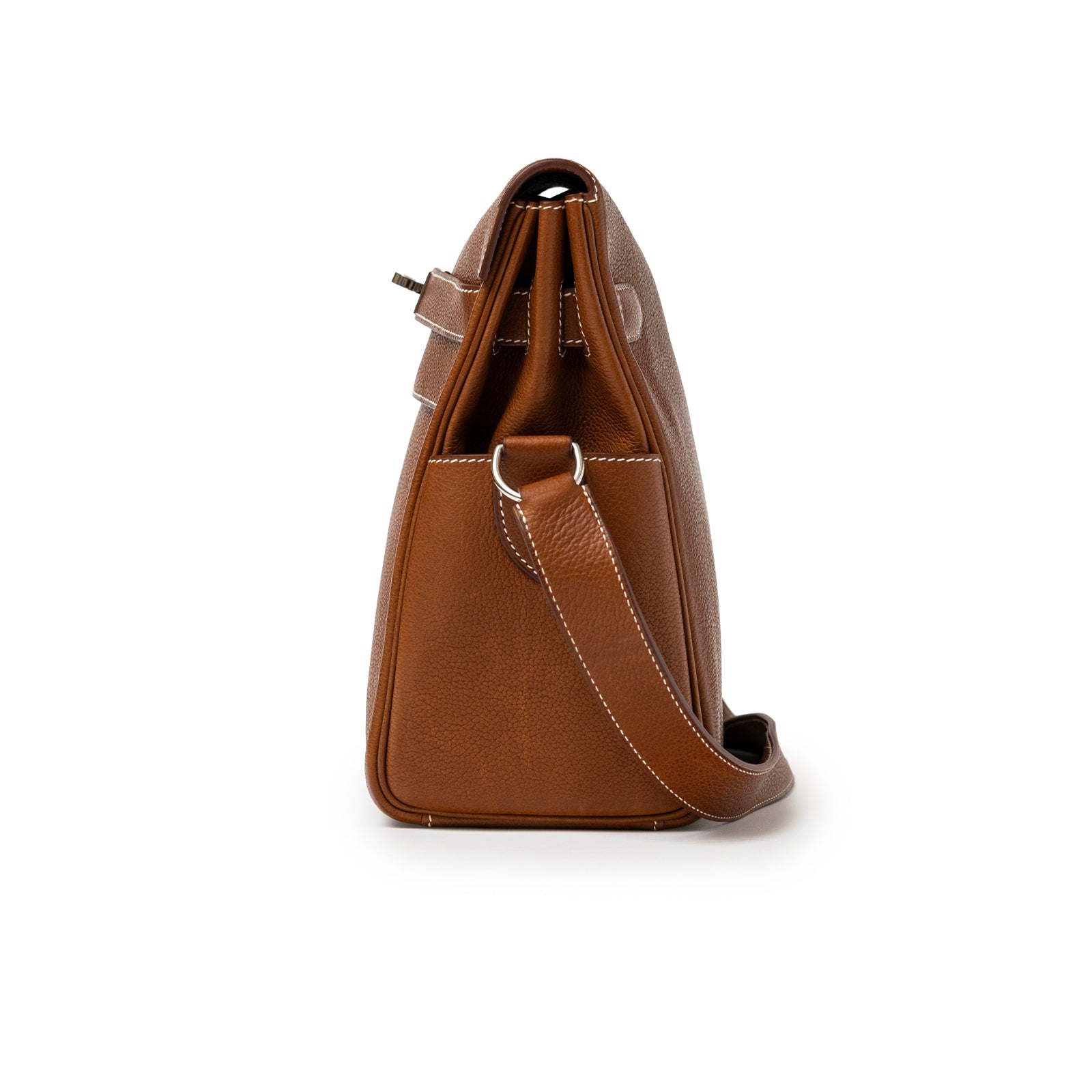 Side view of Hermès Kelly Messenger GM Fauve Barenia Faubourg Palladium Hardware showing leather texture and strap detail