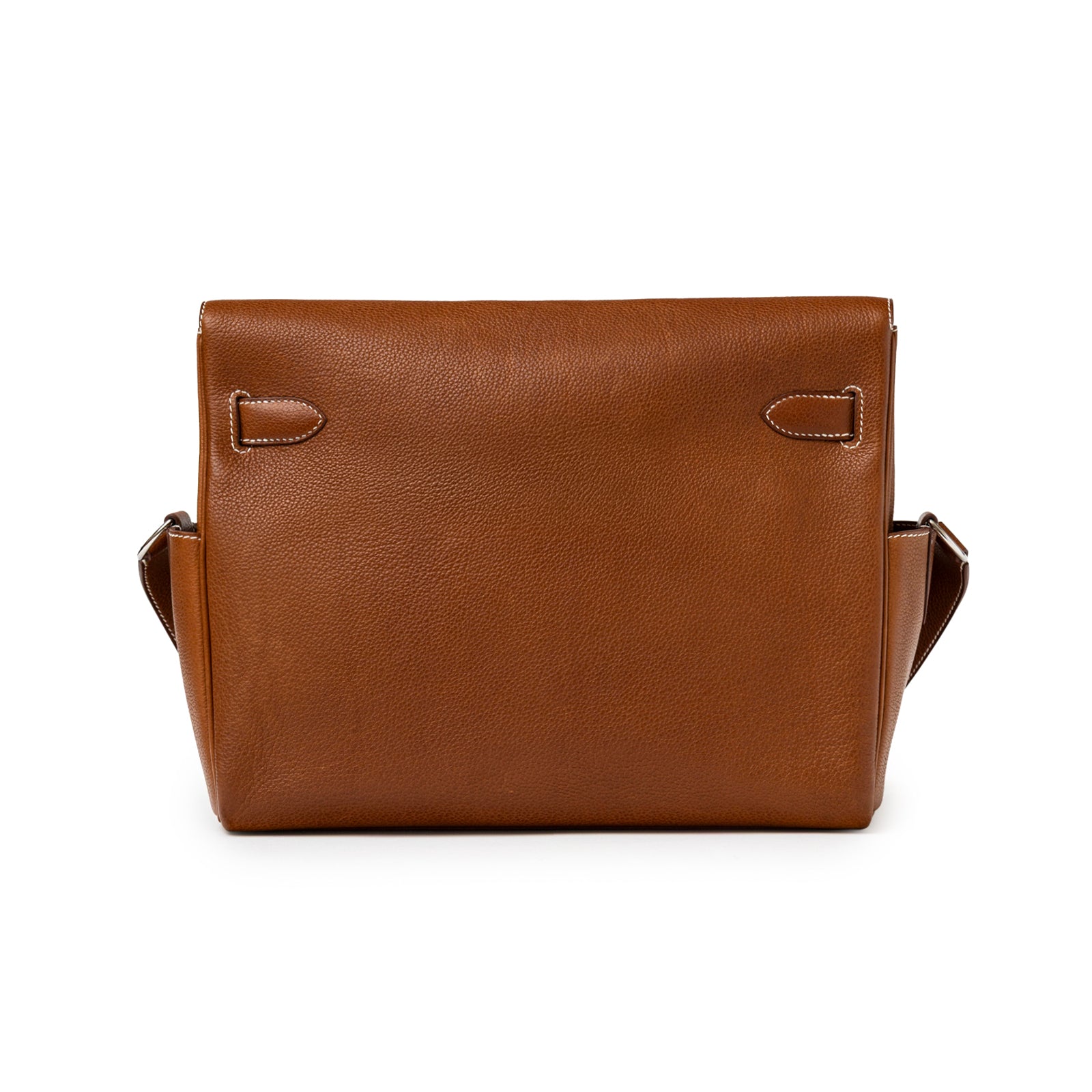 Back view of Hermès Kelly Messenger GM Fauve Barenia Faubourg Palladium Hardware showing smooth leather texture