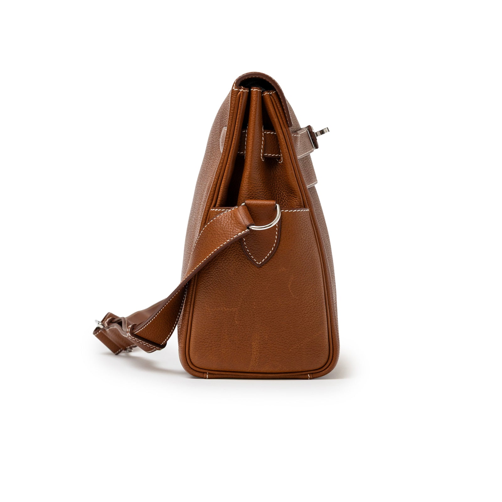 Side view of Hermès Kelly Messenger GM Fauve Barenia Faubourg Palladium Hardware with strap and stitching detail