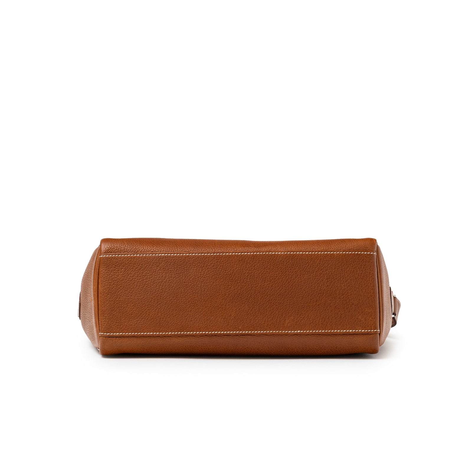 Bottom view of Hermès Kelly Messenger GM Fauve Barenia Faubourg Palladium Hardware showing textured leather and stitching detail