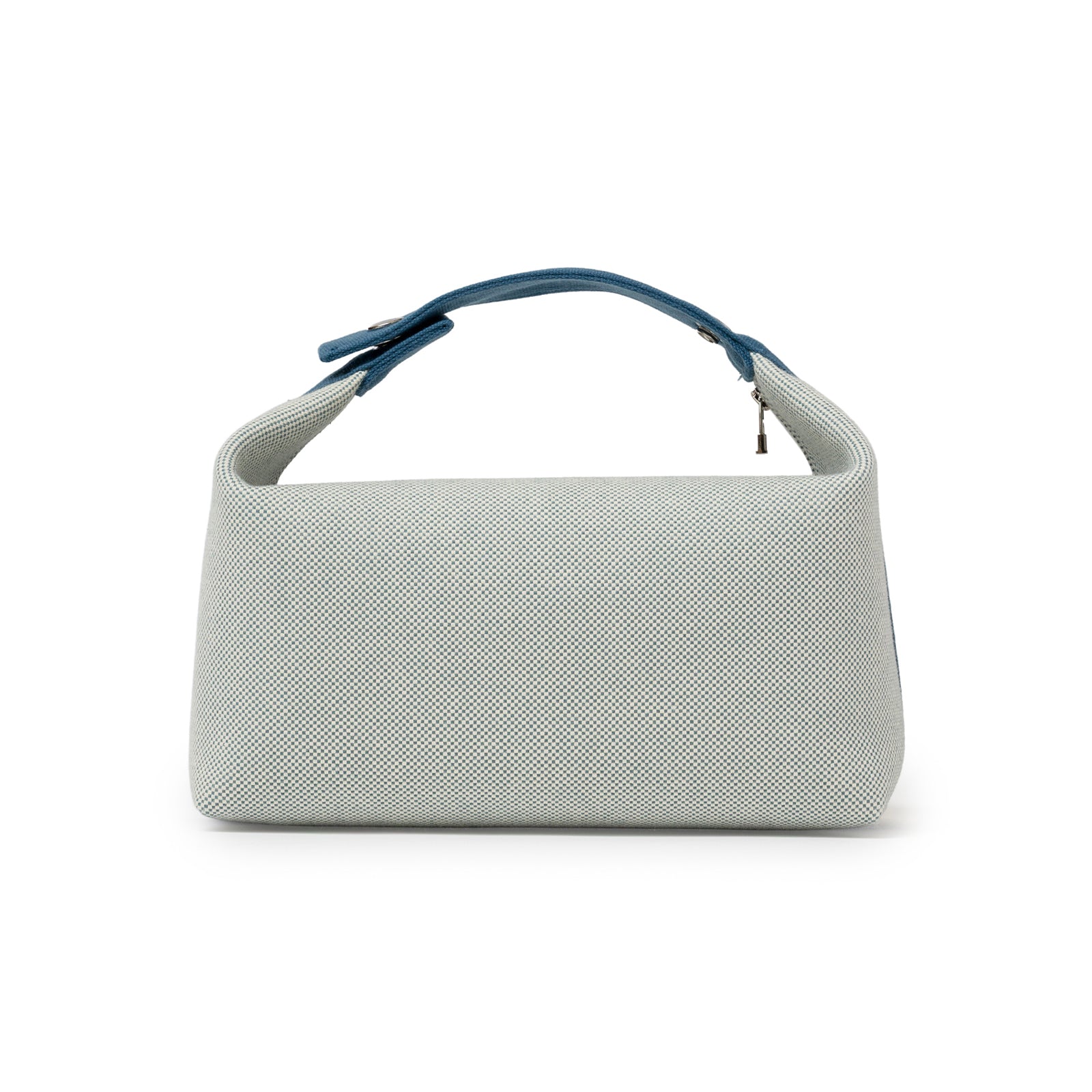 Back view of Hermès Bride-A-Brac Cabriole Case GM Toile Blue Nattier with blue leather handle detail
