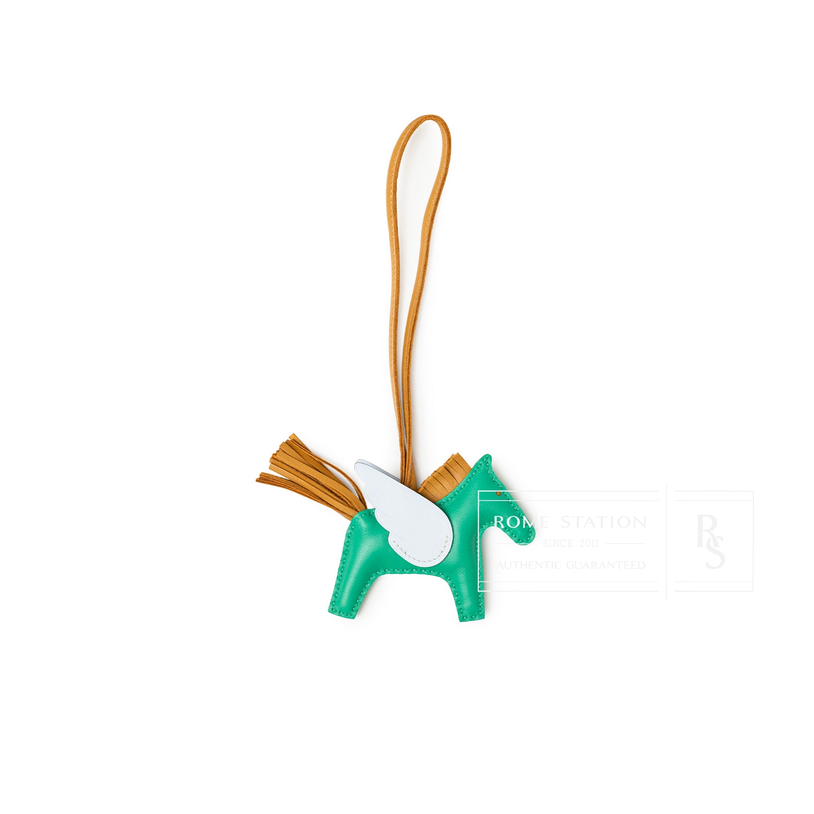 Front view of Hermès Pegase Rodeo Bag Charm PM Menthe/Sesame/Blue Brume showing wing and leather strap detail
