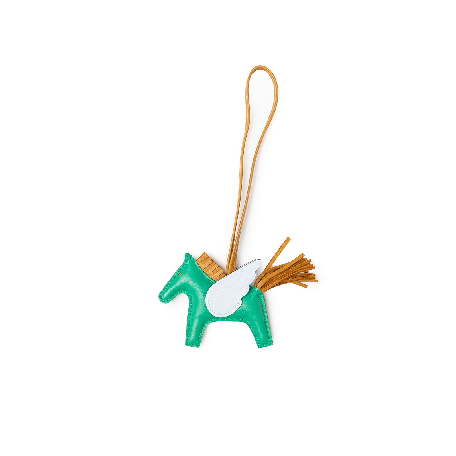 Front view of Hermès Pegase Rodeo Bag Charm PM Menthe/Sesame/Blue Brume with wing and tassel details