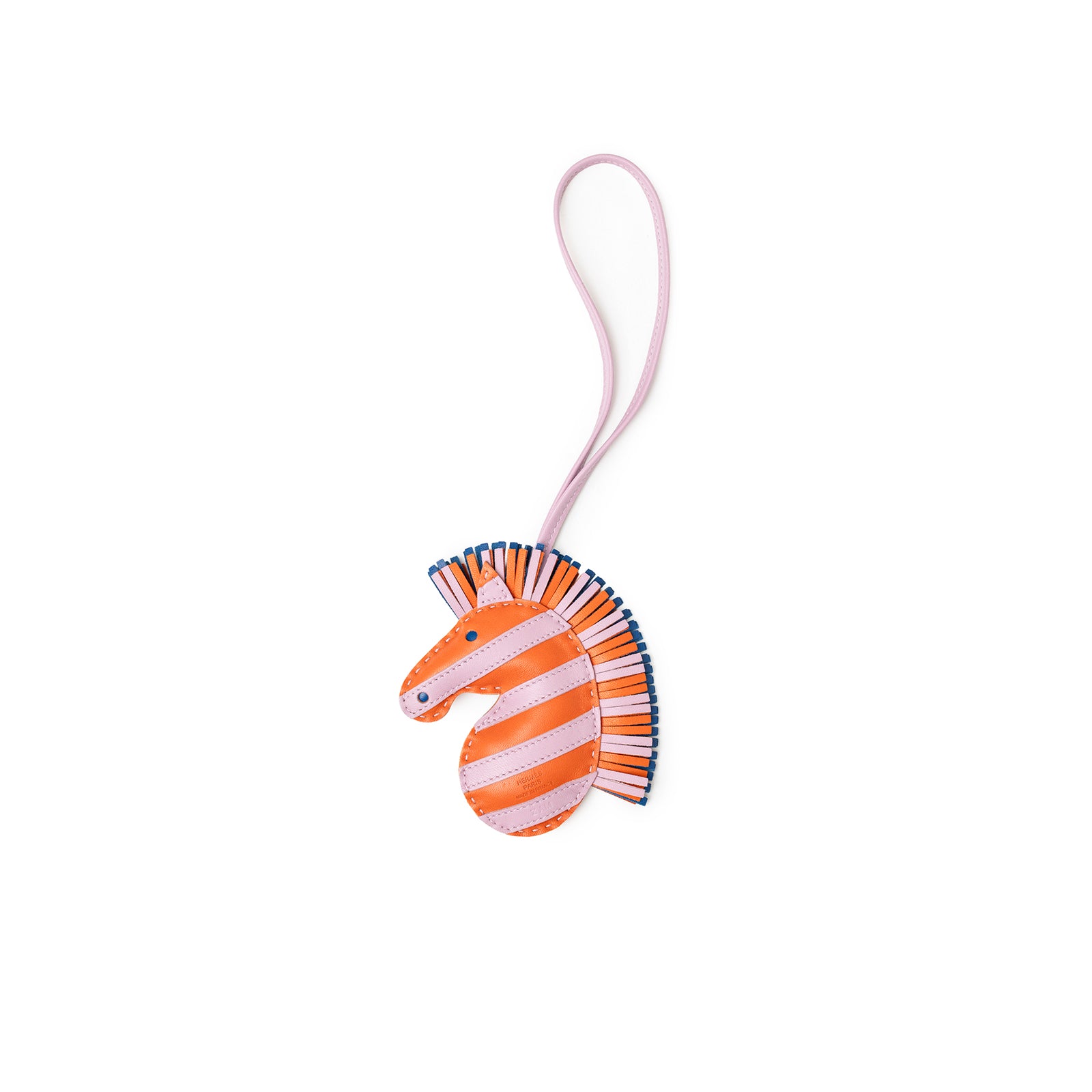 Front view of Hermès Milo Geegee Savannah Bag Charm PM Poppy Mauve Sylvestre Blue France showing striped horse design